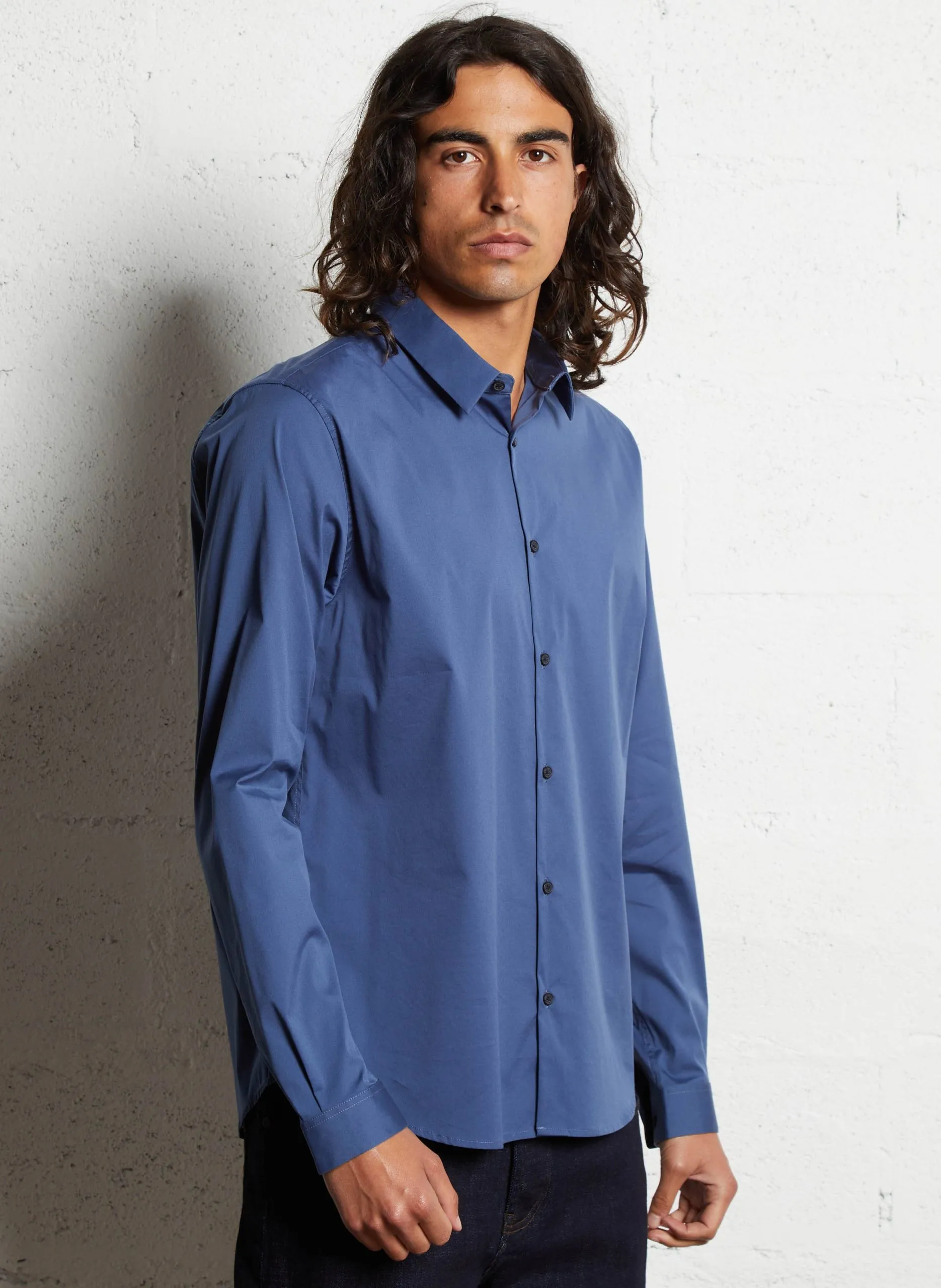 Chemise slim col classique en coton Bleu