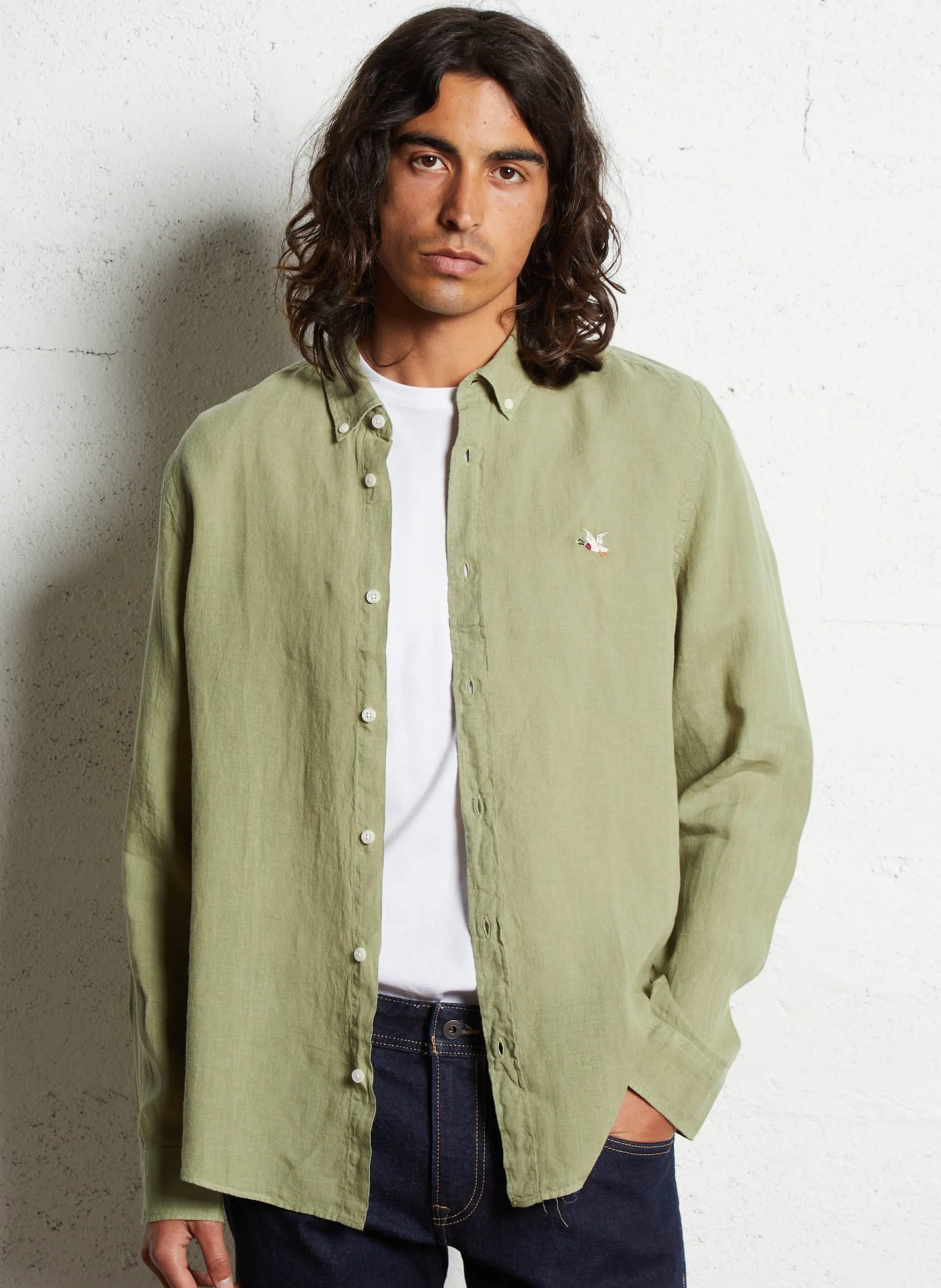 Chemise droite boutonnée en lin Vert TAMPA