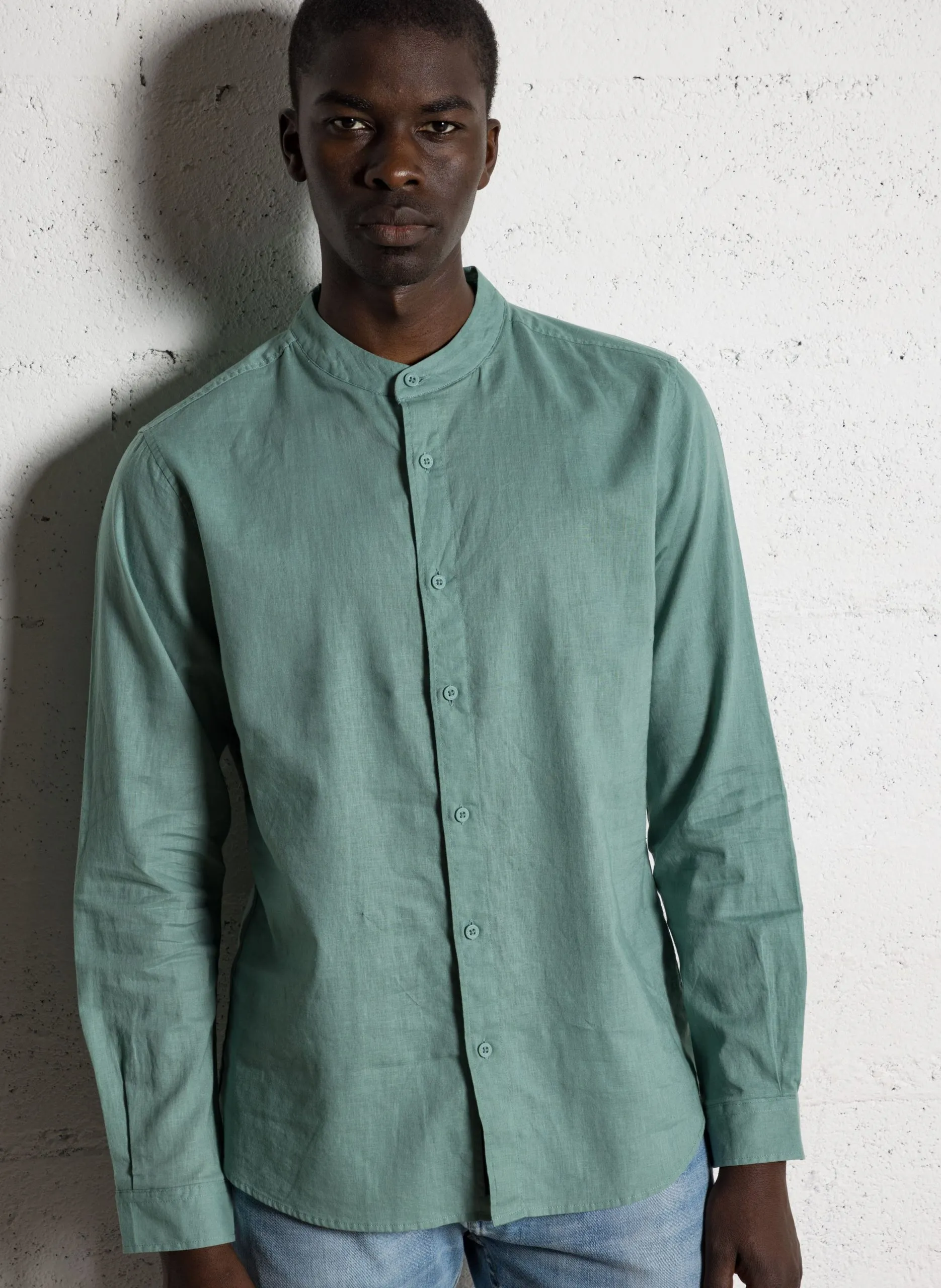 Chemise col mao en lin mélangé Vert RELIS