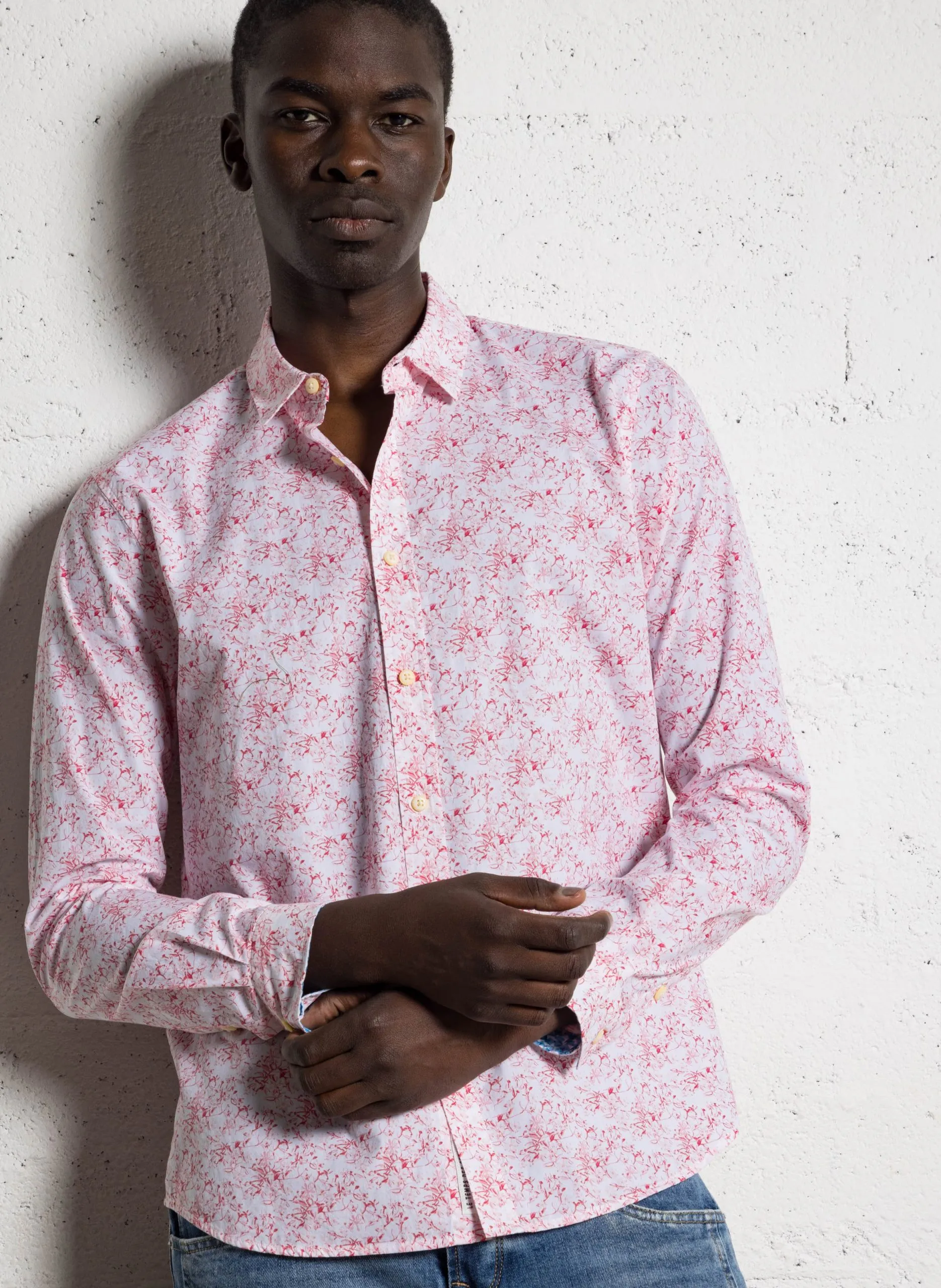 Chemise col classique fleurie en coton Blanc BOTIX