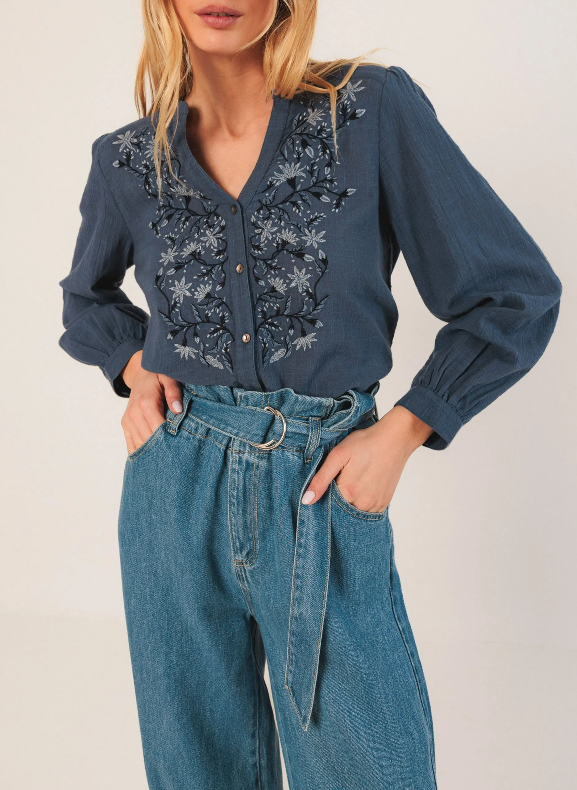 Chemise col V en coton Bleu