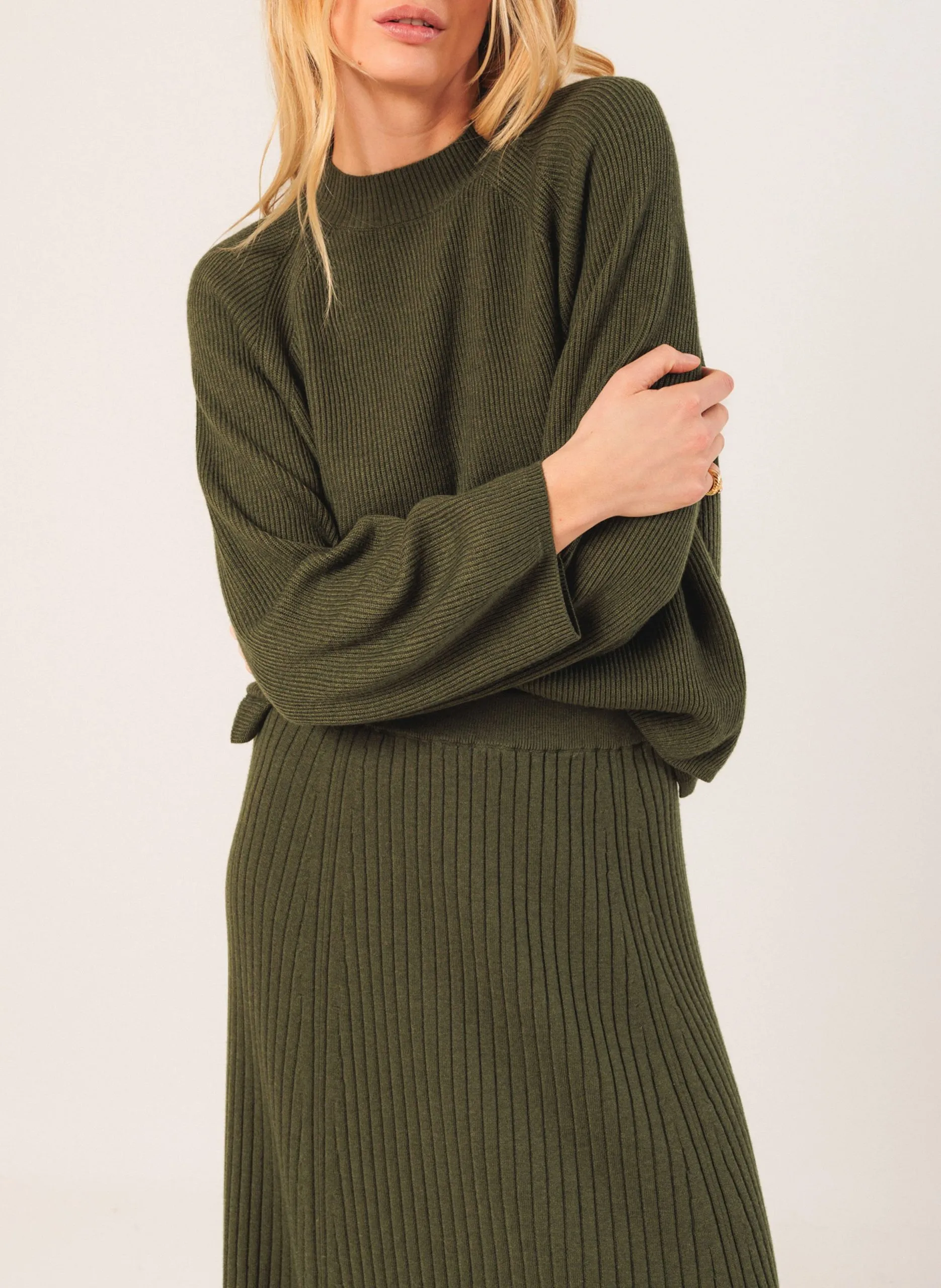 Pull col rond en laine mélangée Kaki