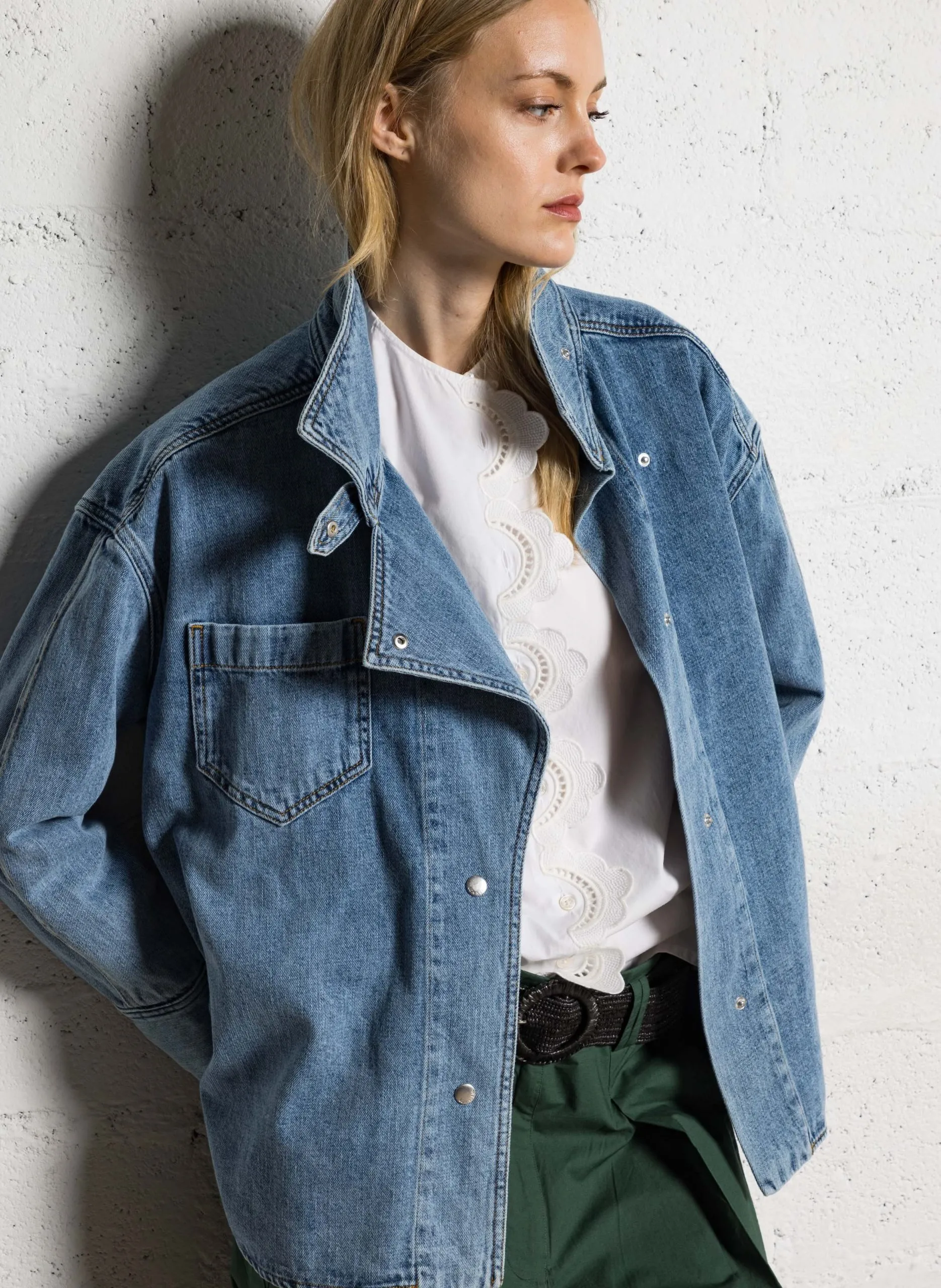 Veste col déstructuré en denim de coton Bleu EGAN