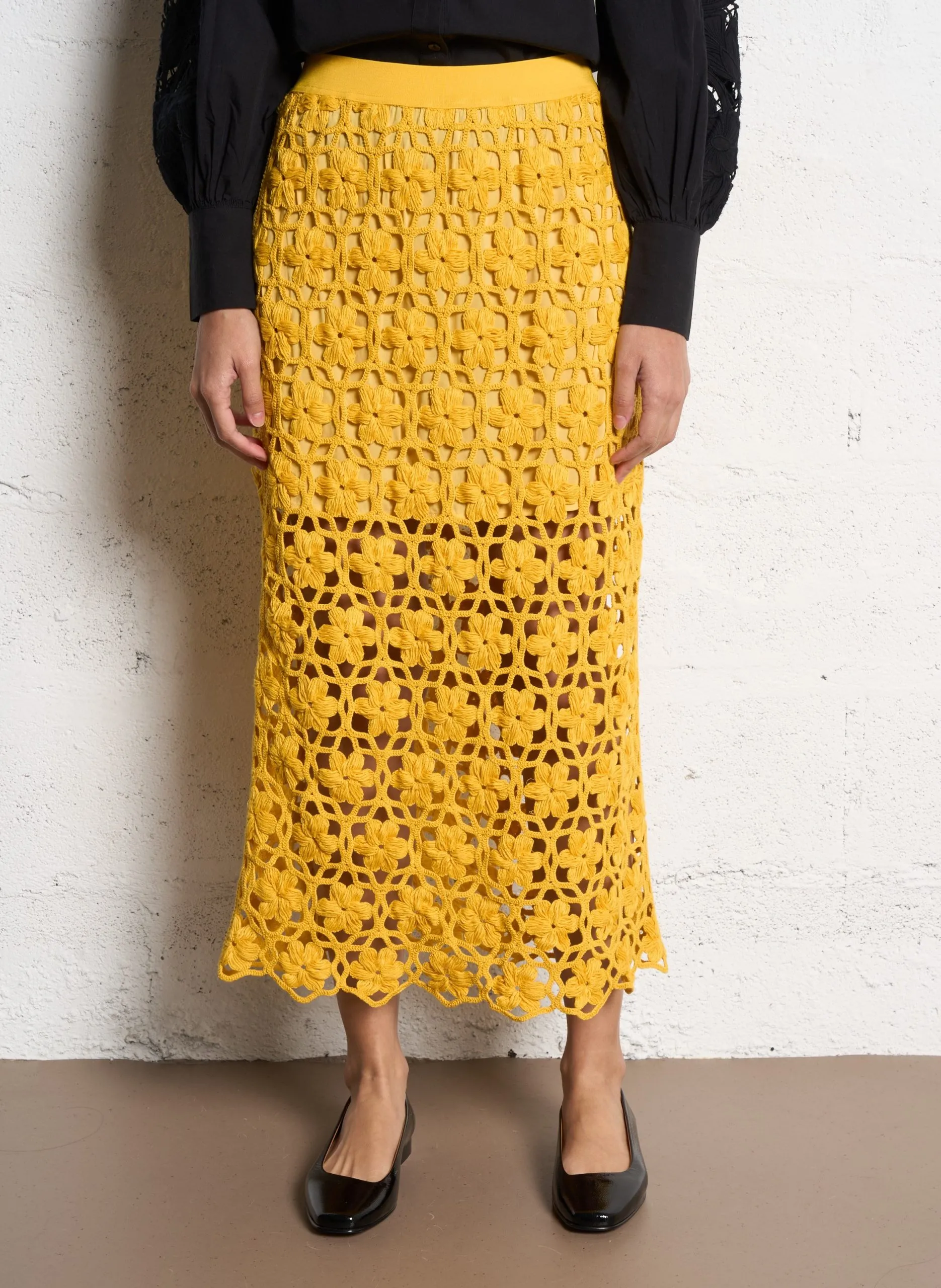 Jupe midi en crochet Jaune JAYNE