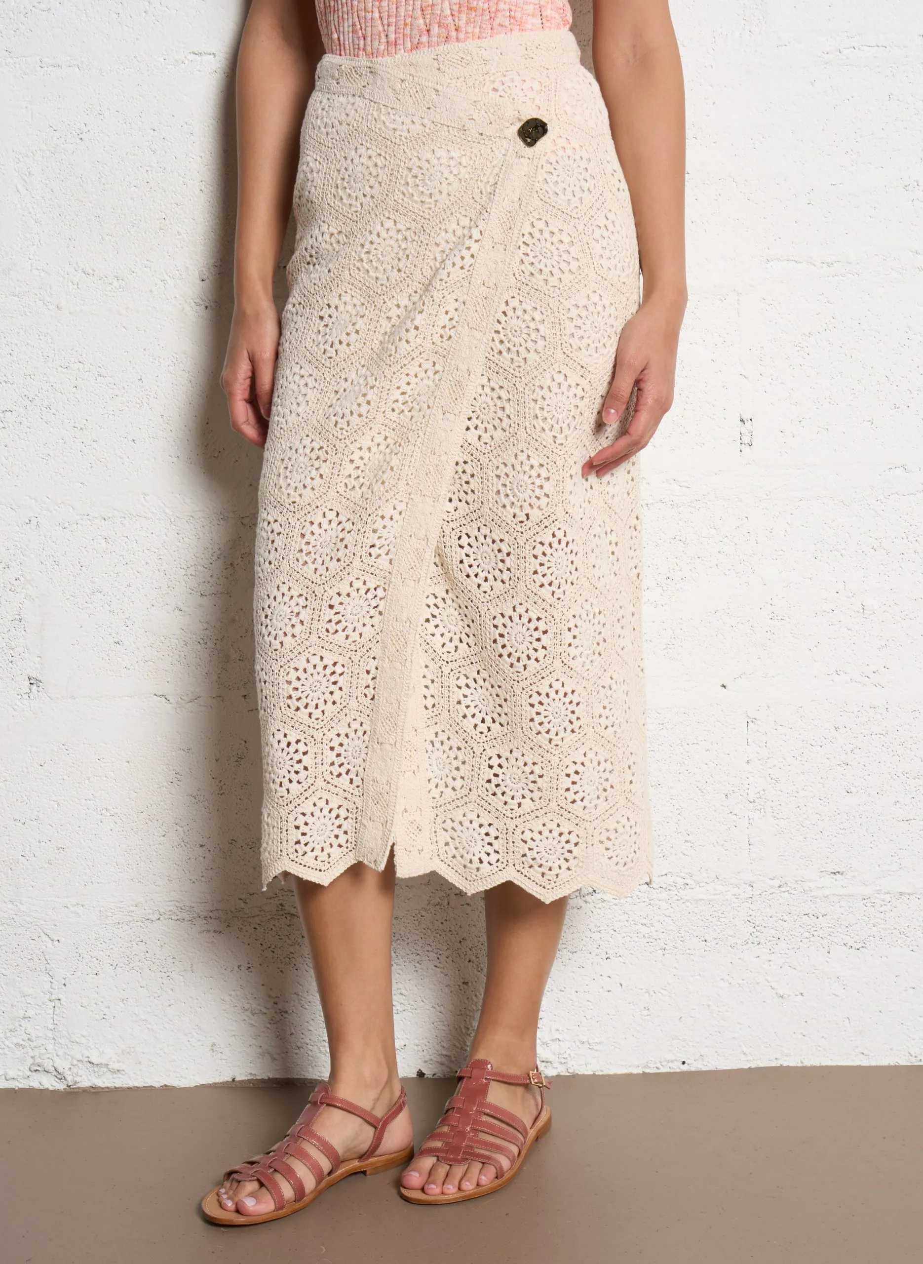 Jupe midi portefeuille en crochet Beige GAELLE