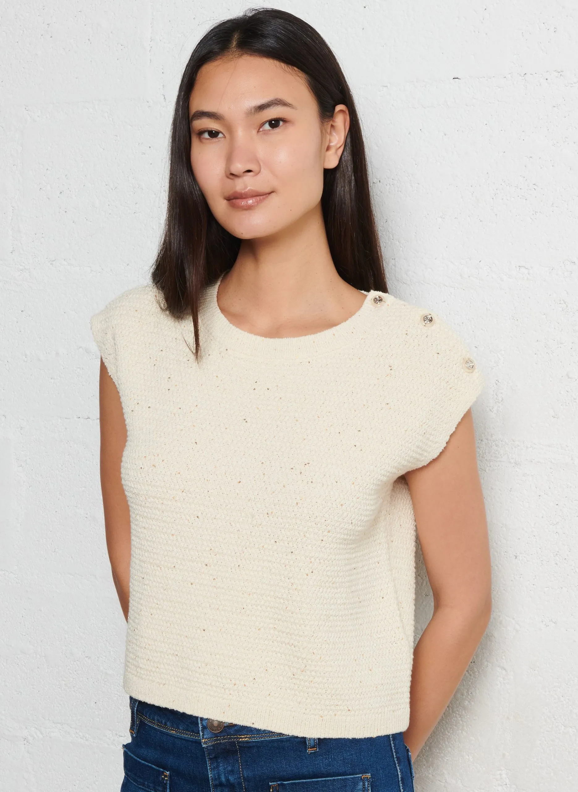 Pull col rond en coton mélangé Beige SIDONIE