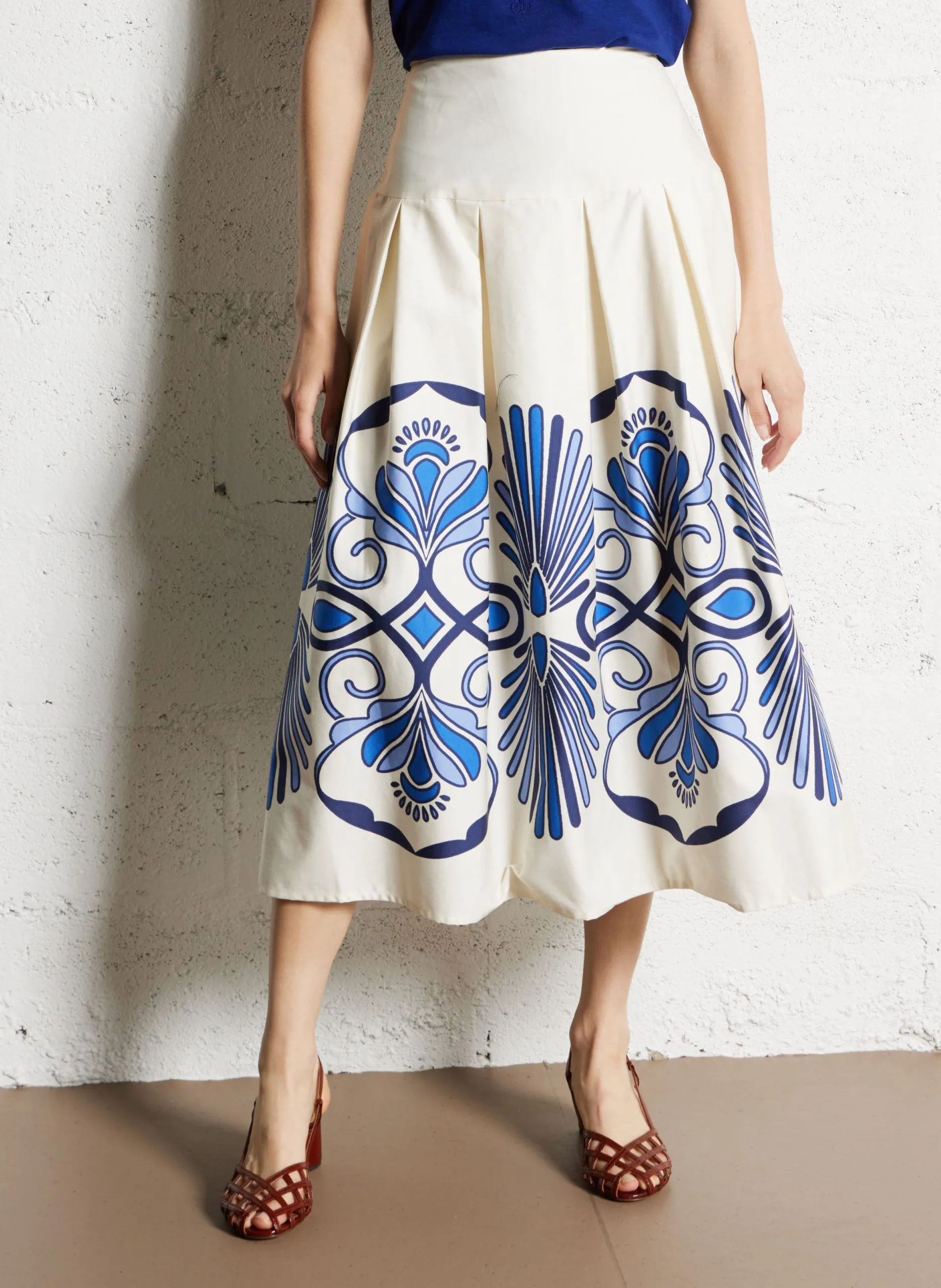 Jupe midi imprimée en coton Beige POSITANO