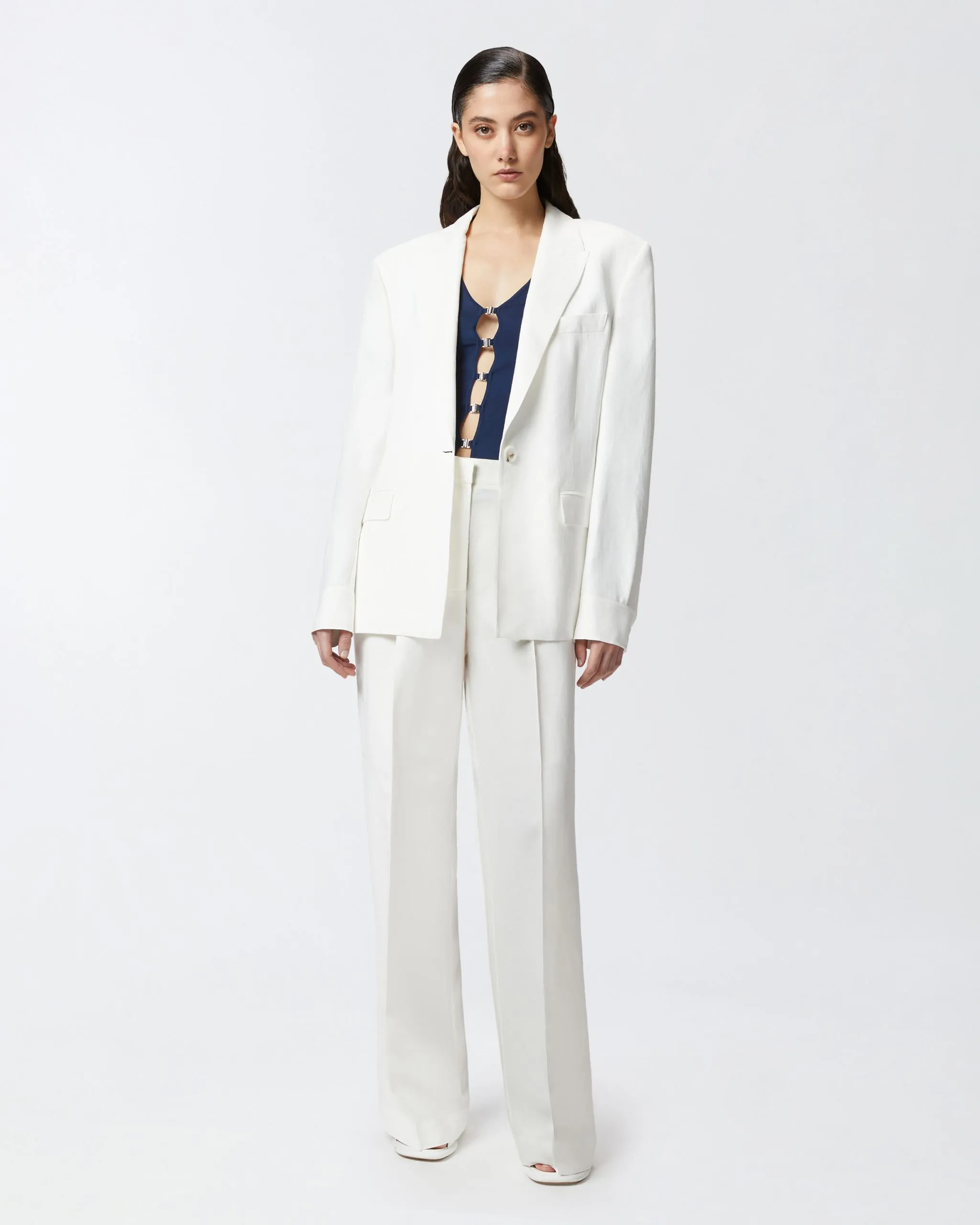 Pantalon palazzo en lin avec poches Blanc