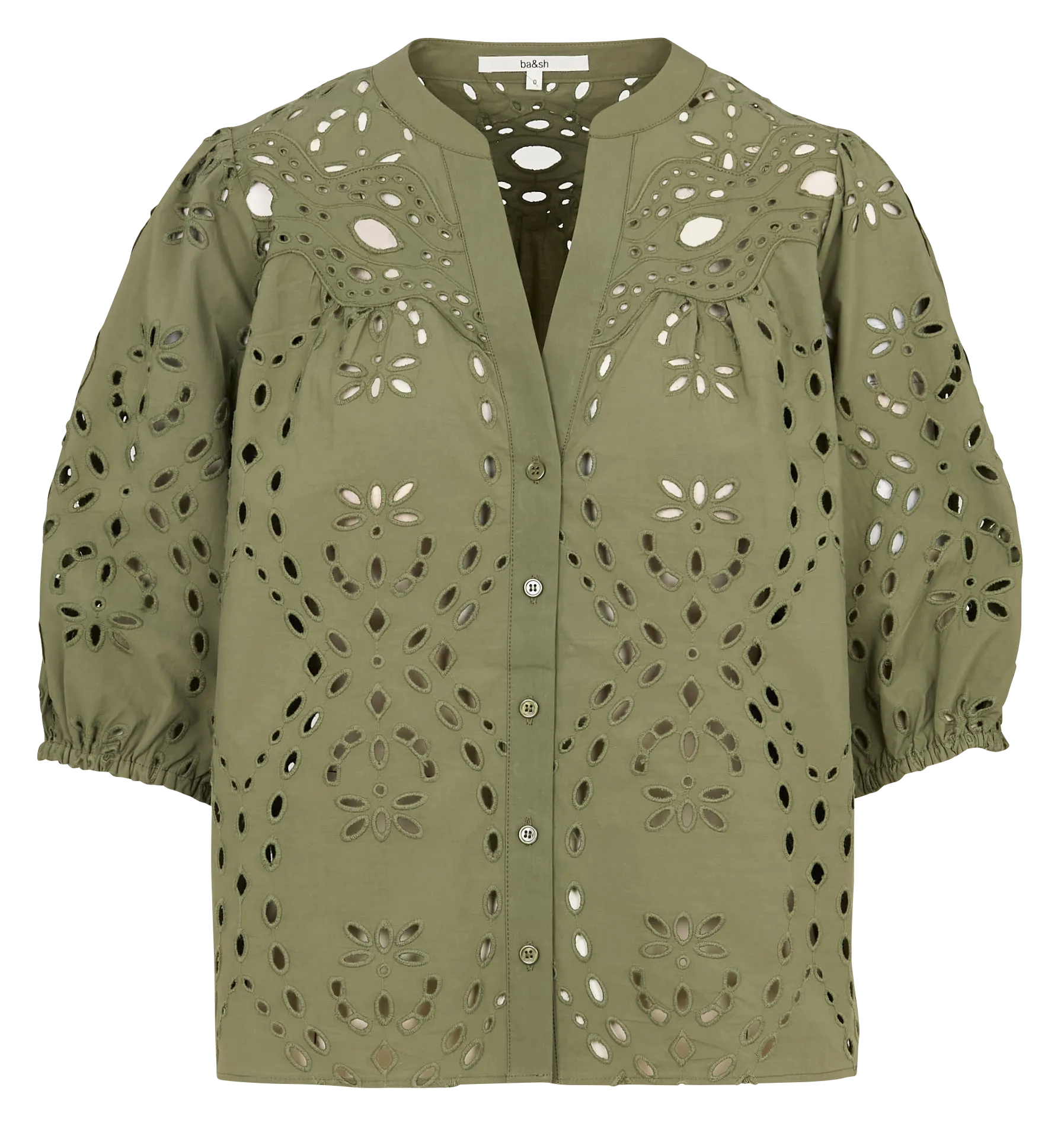 Chemise droite en coton brodé Kaki BEATRICE