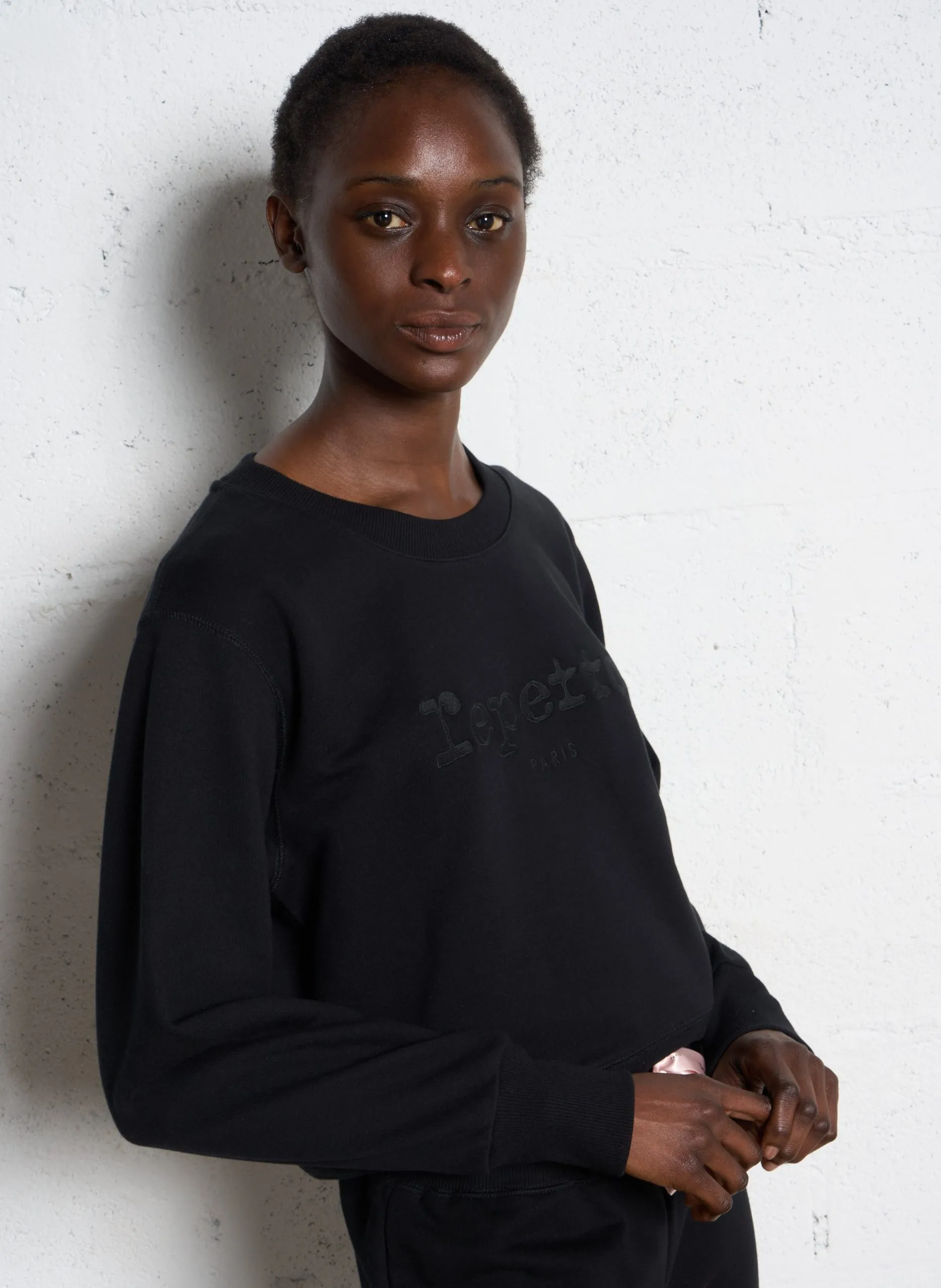 Sweatshirt col rond en coton brodé Noir