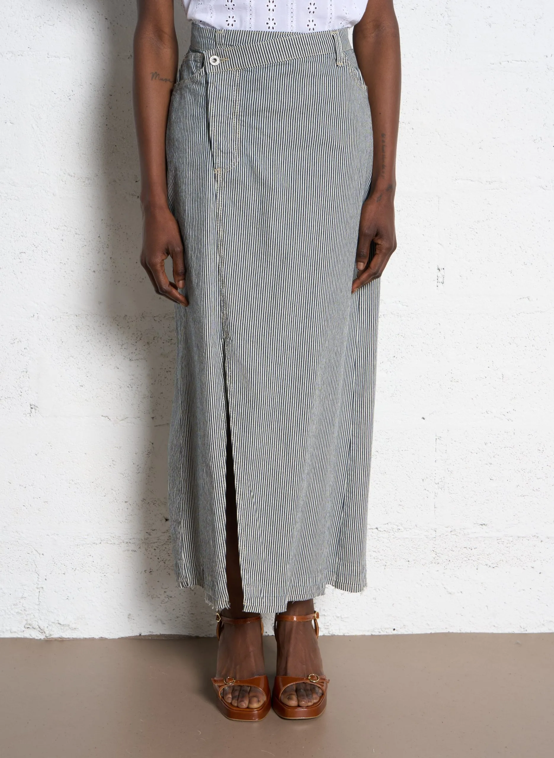 Jupe longue rayée en coton mélangé Multicolore