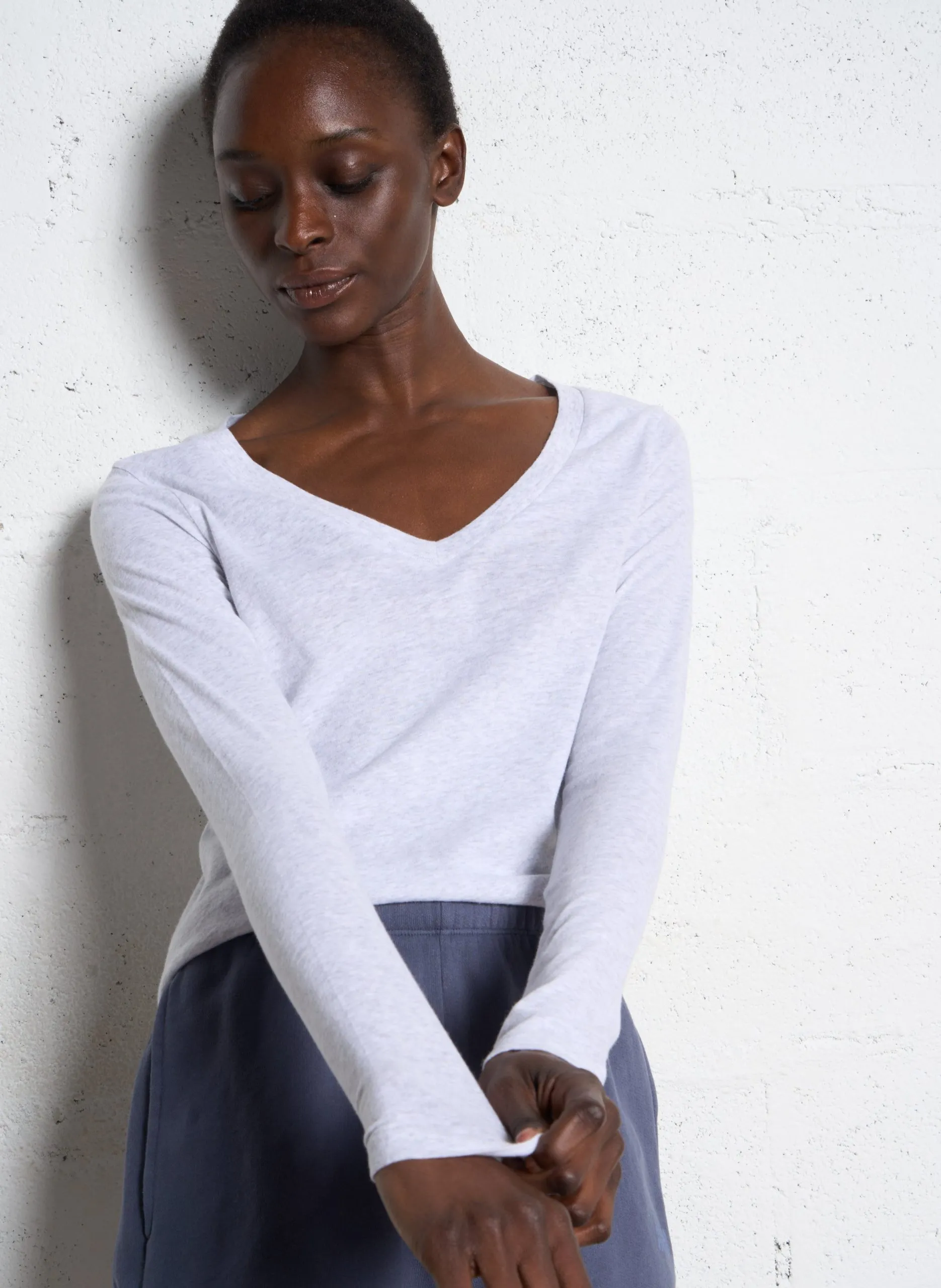 Tee-shirt col V droit en coton Gris GAMIPY