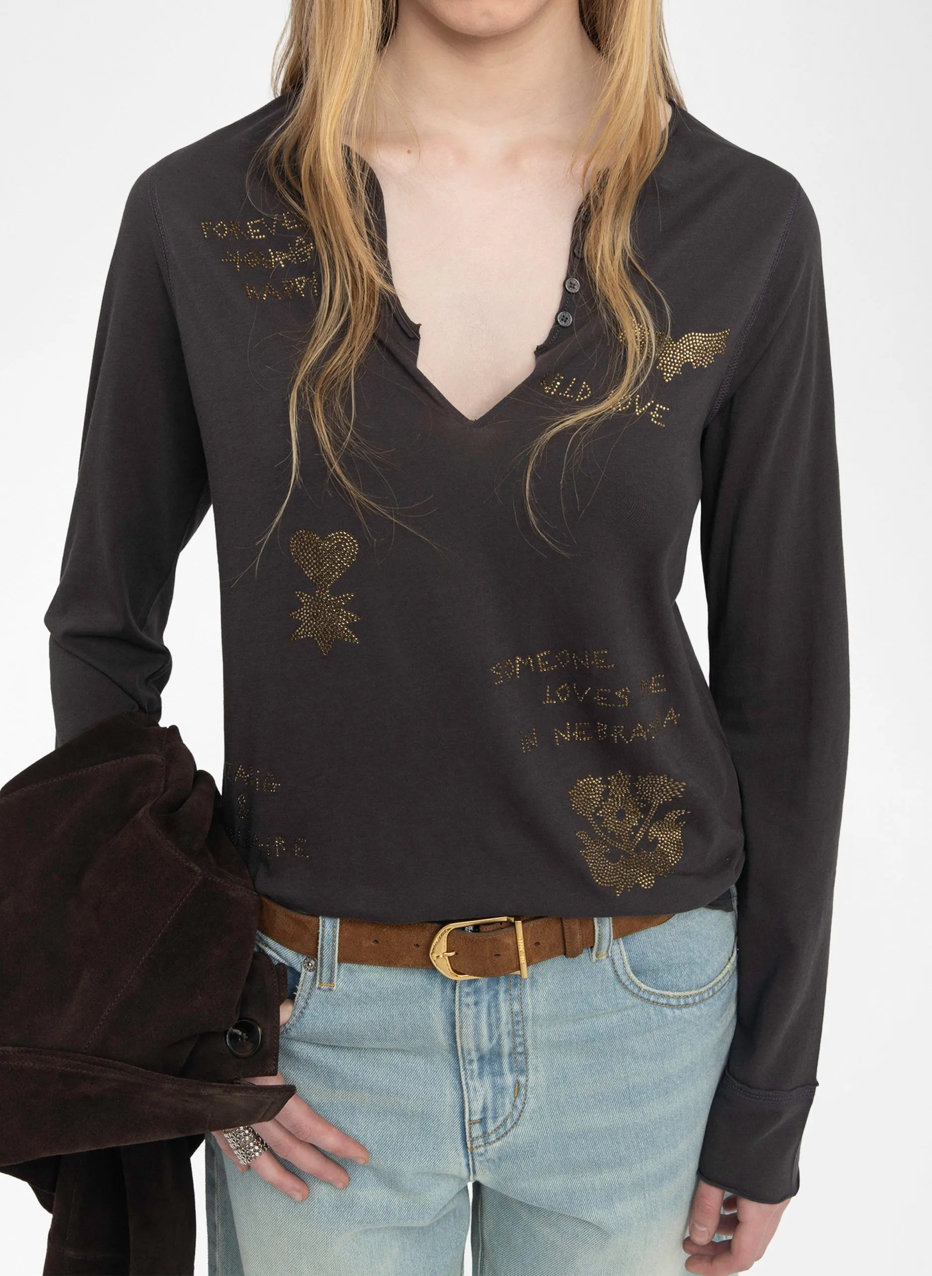 Tee-shirt droit manches longues à strass Marron TUNI