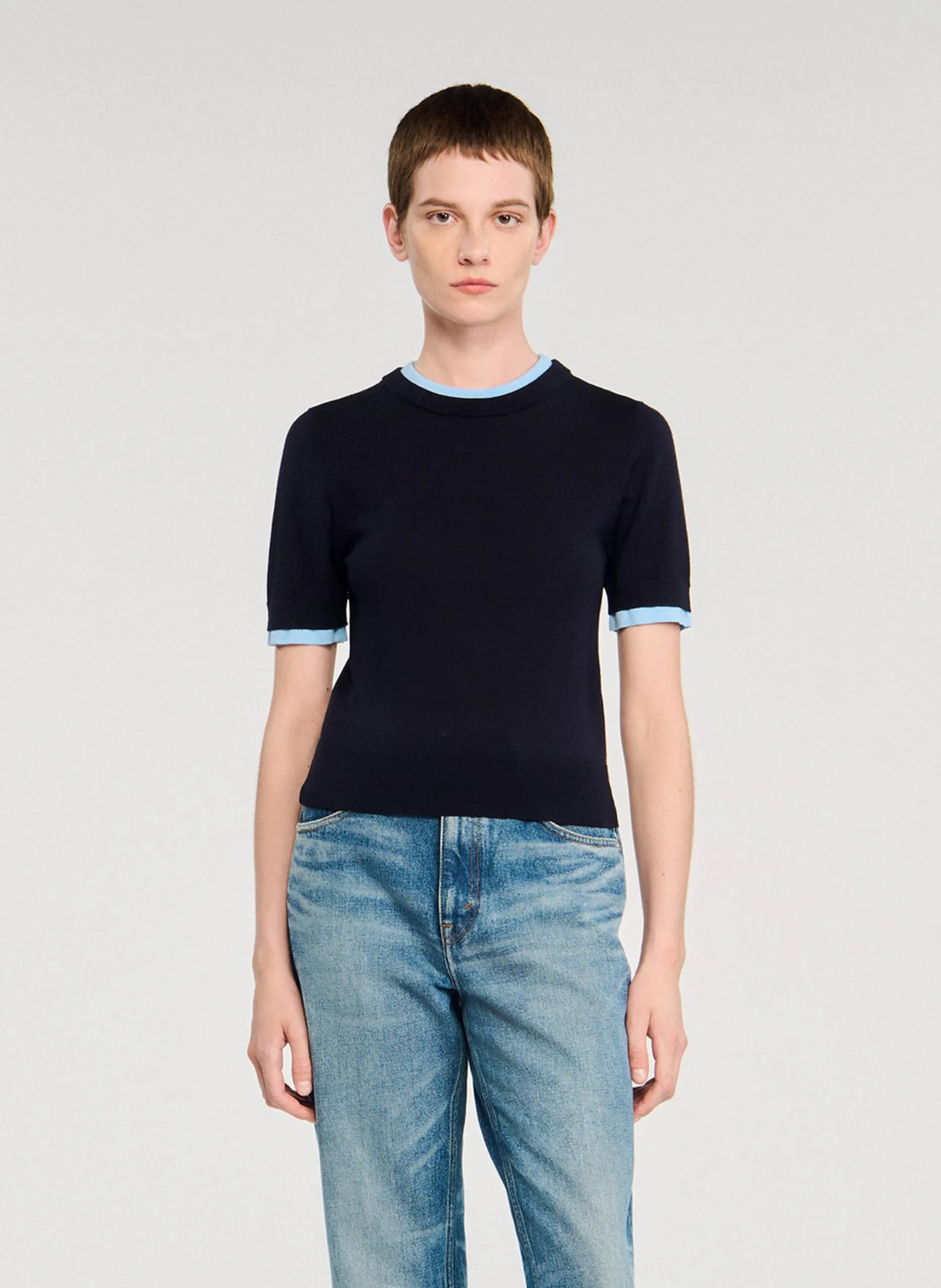 Pull ajusté col rond en laine Bleu