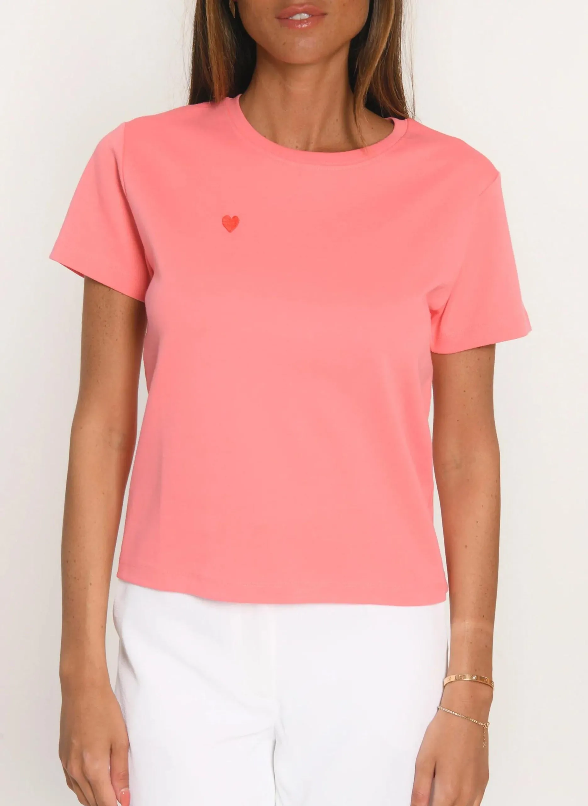 Tee-shirt droit col rond brodé en coton Rose