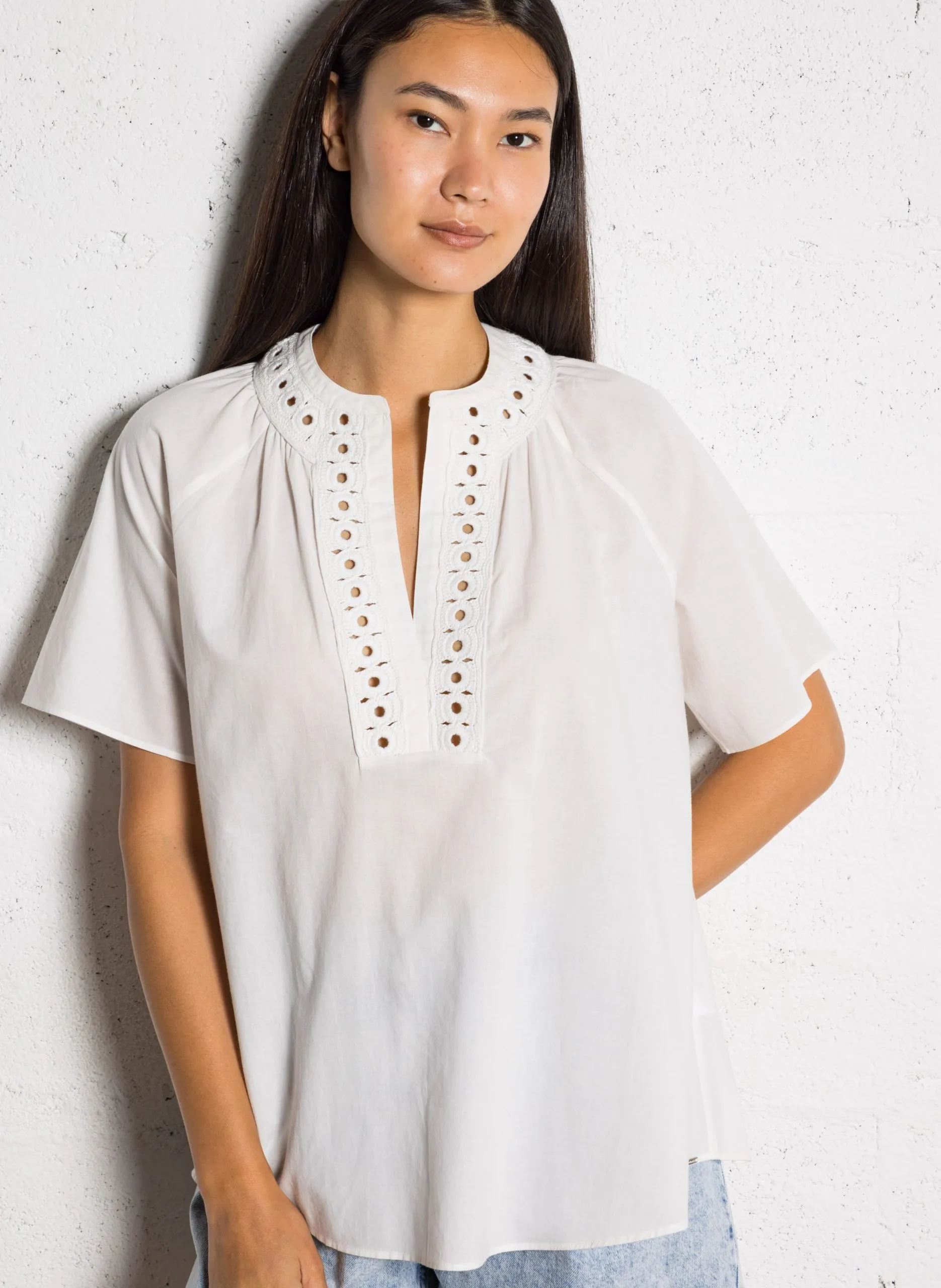 Top col tunisien en coton Blanc