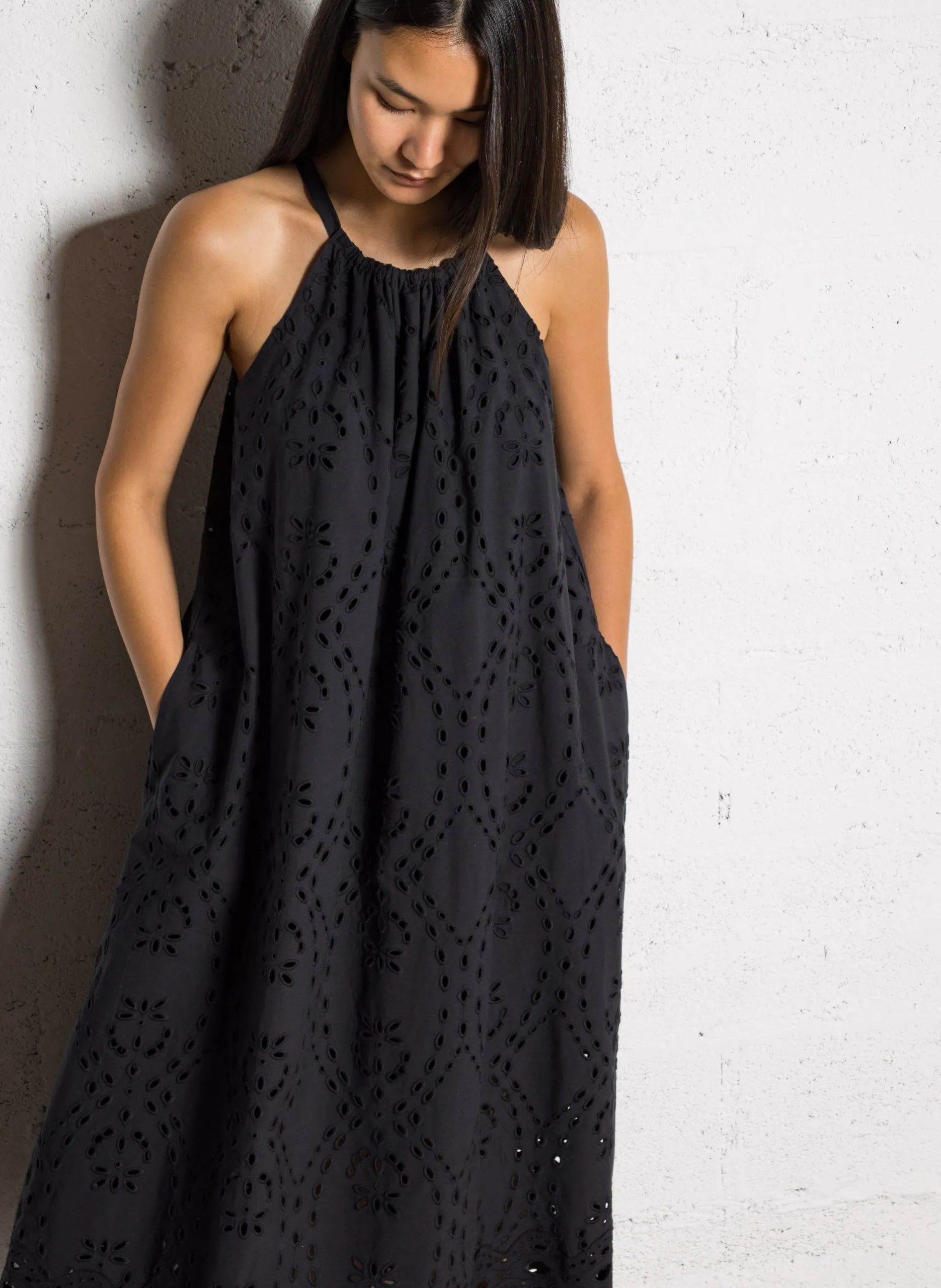 Robe longue col rond en coton Noir BONIE