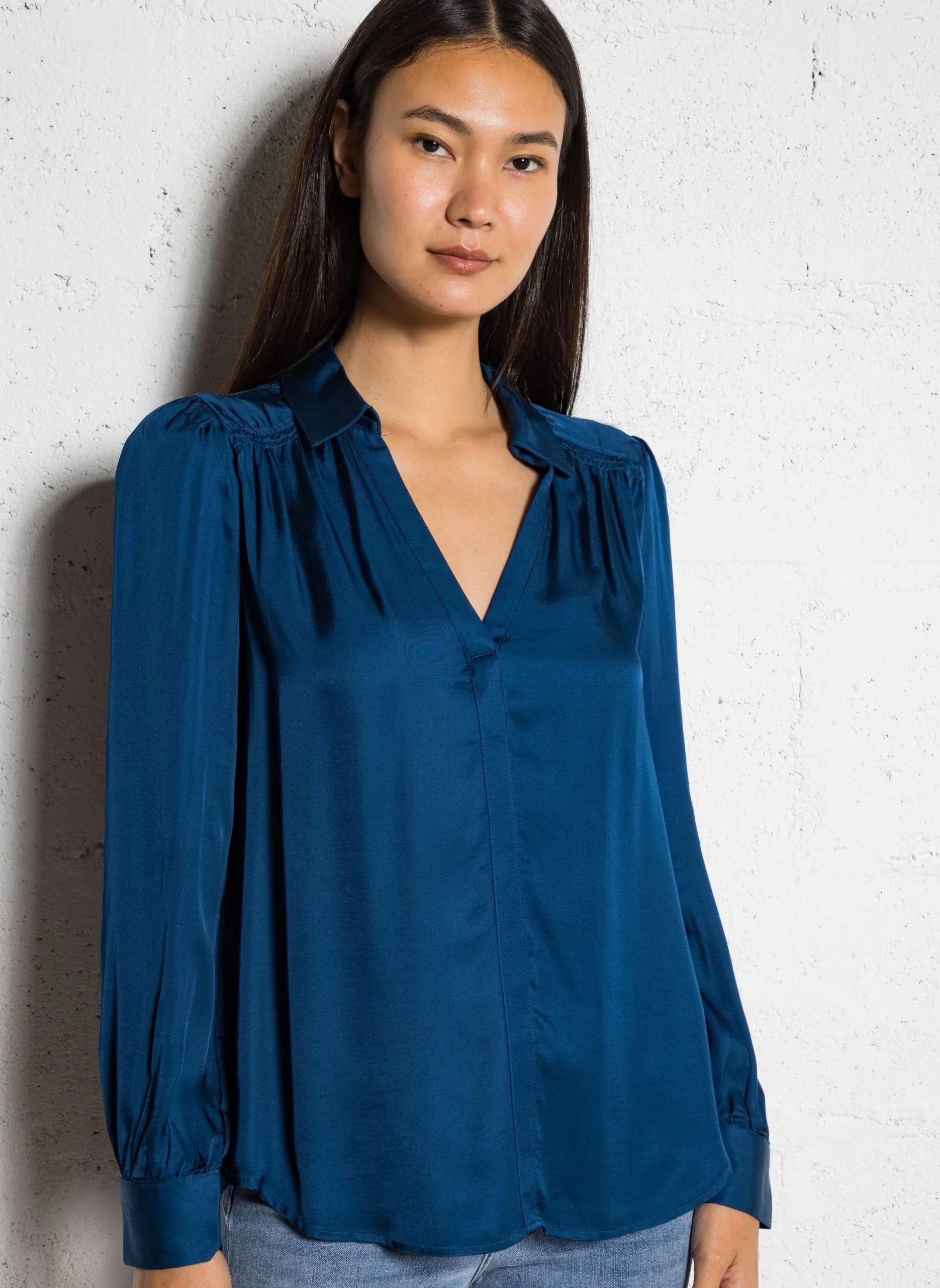 Blouse col v fluide Bleu TEDY