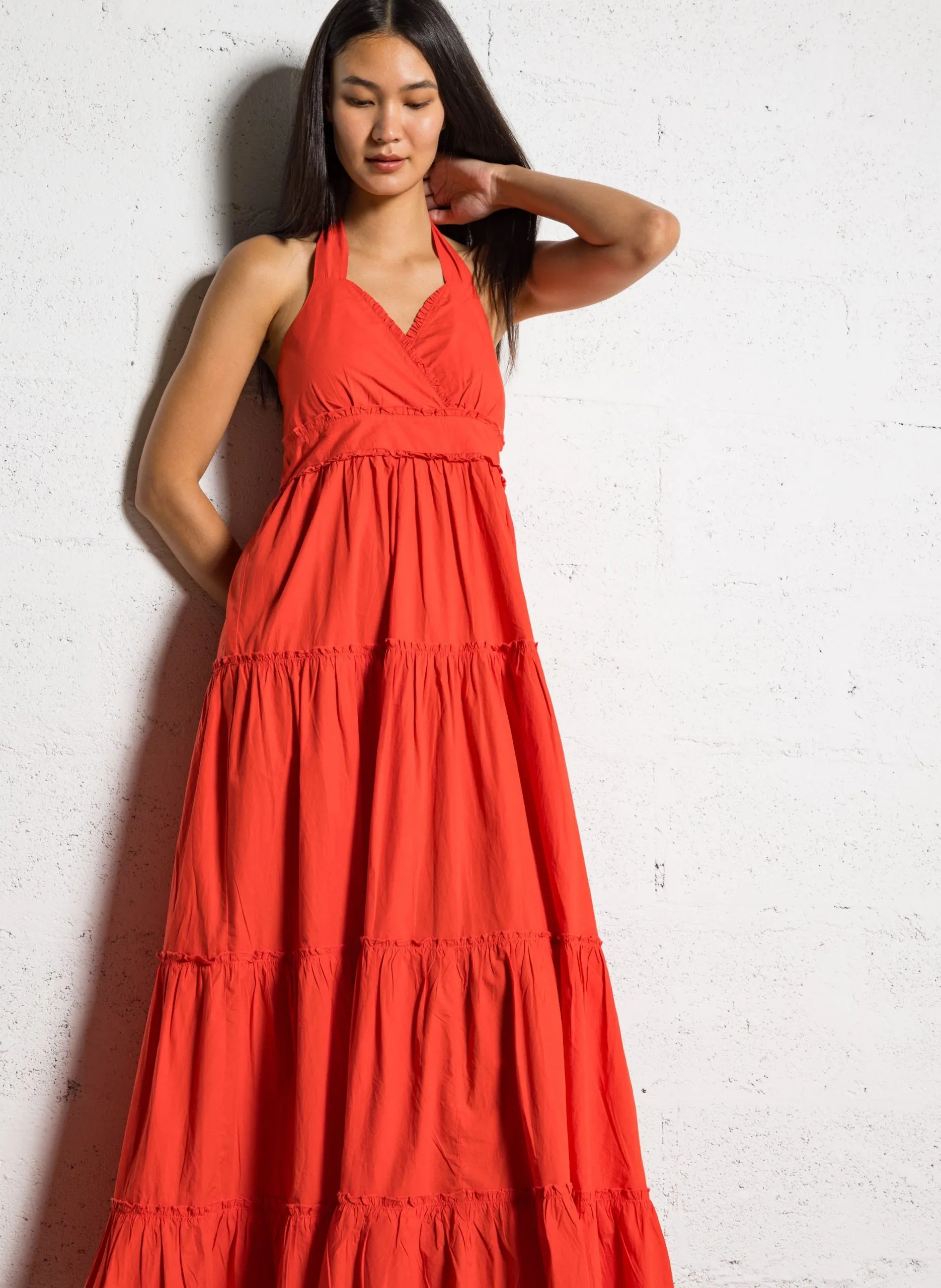 Robe longue évasée en coton Rouge RAJASMA
