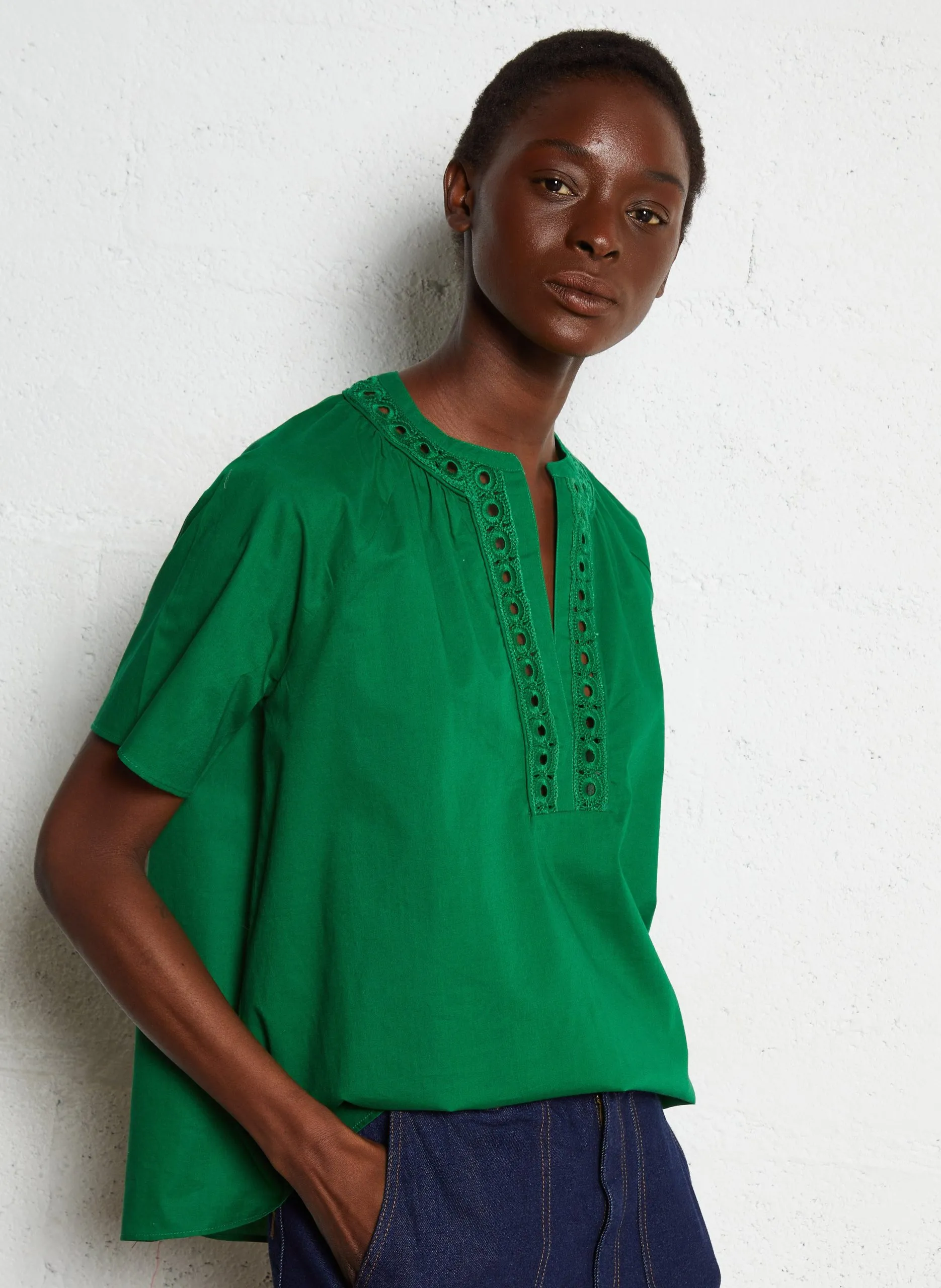 Top col tunisien en coton Vert