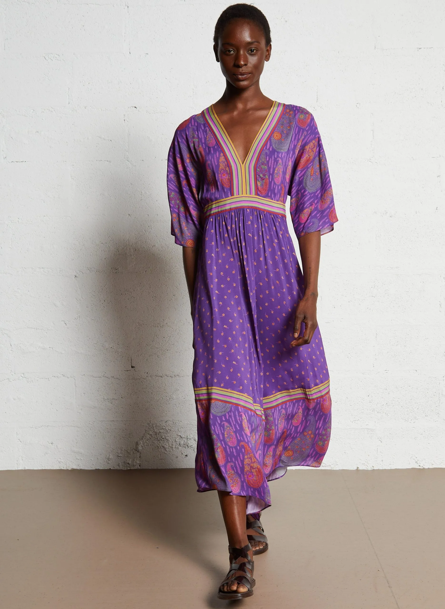 Robe midi col v imprimée Violet LALO