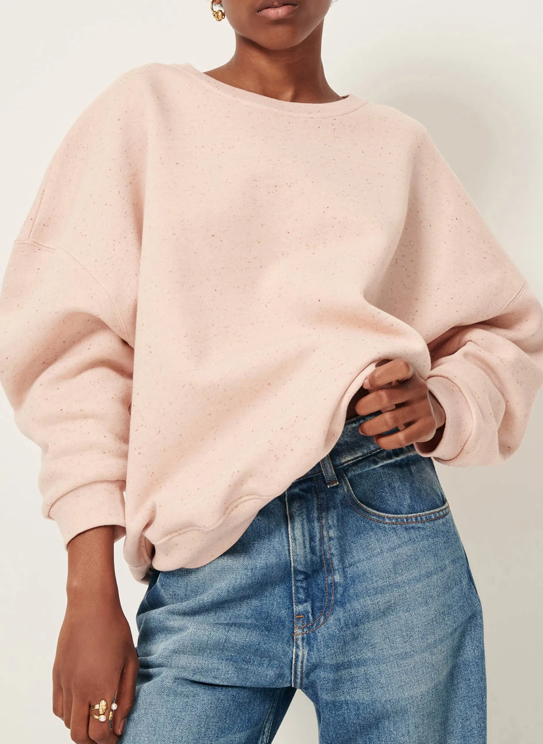 Sweat ample col rond moucheté en coton bio mélangé Rose CHEBBI