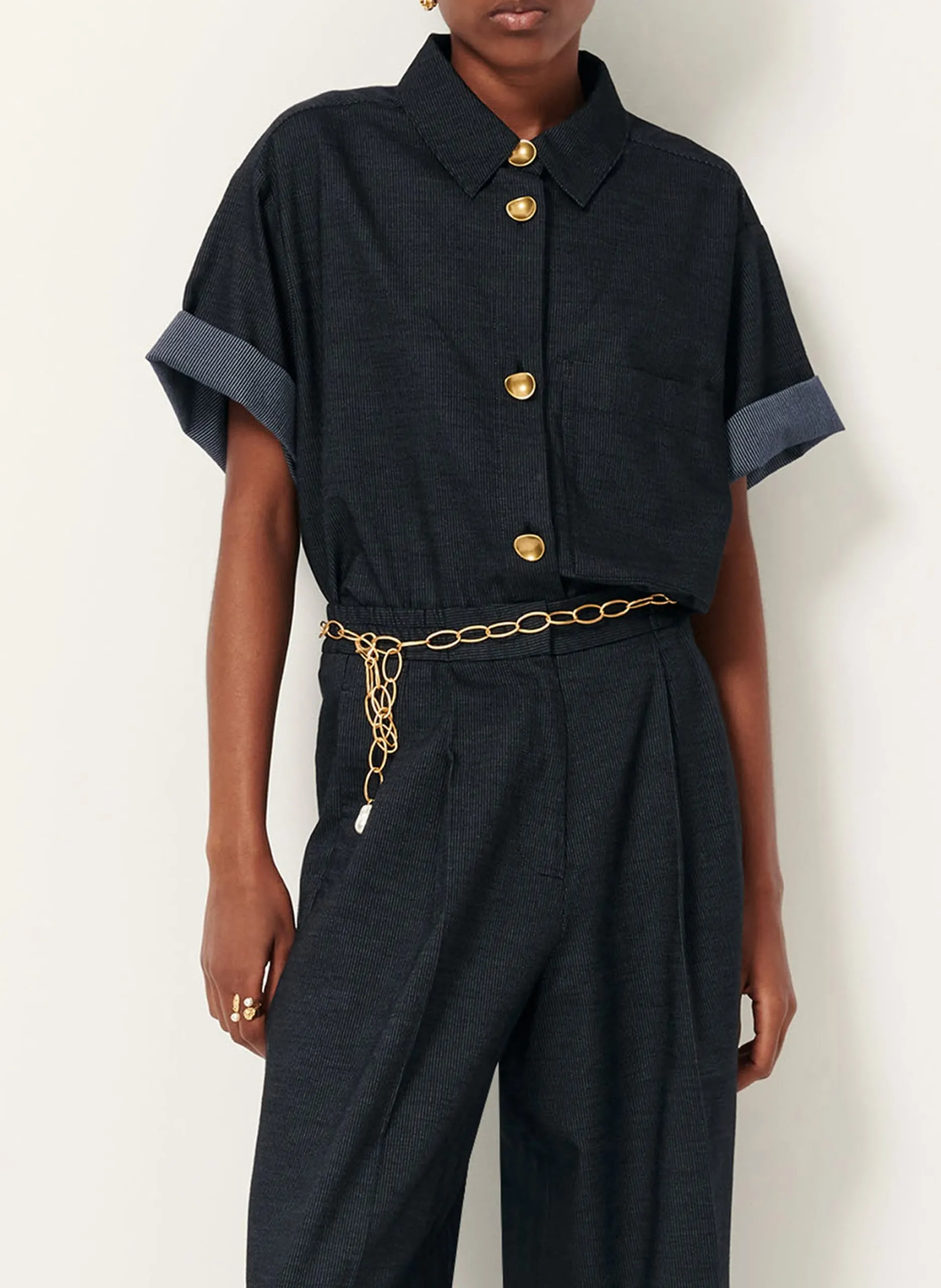 Chemise col classique en denim Bleu KA