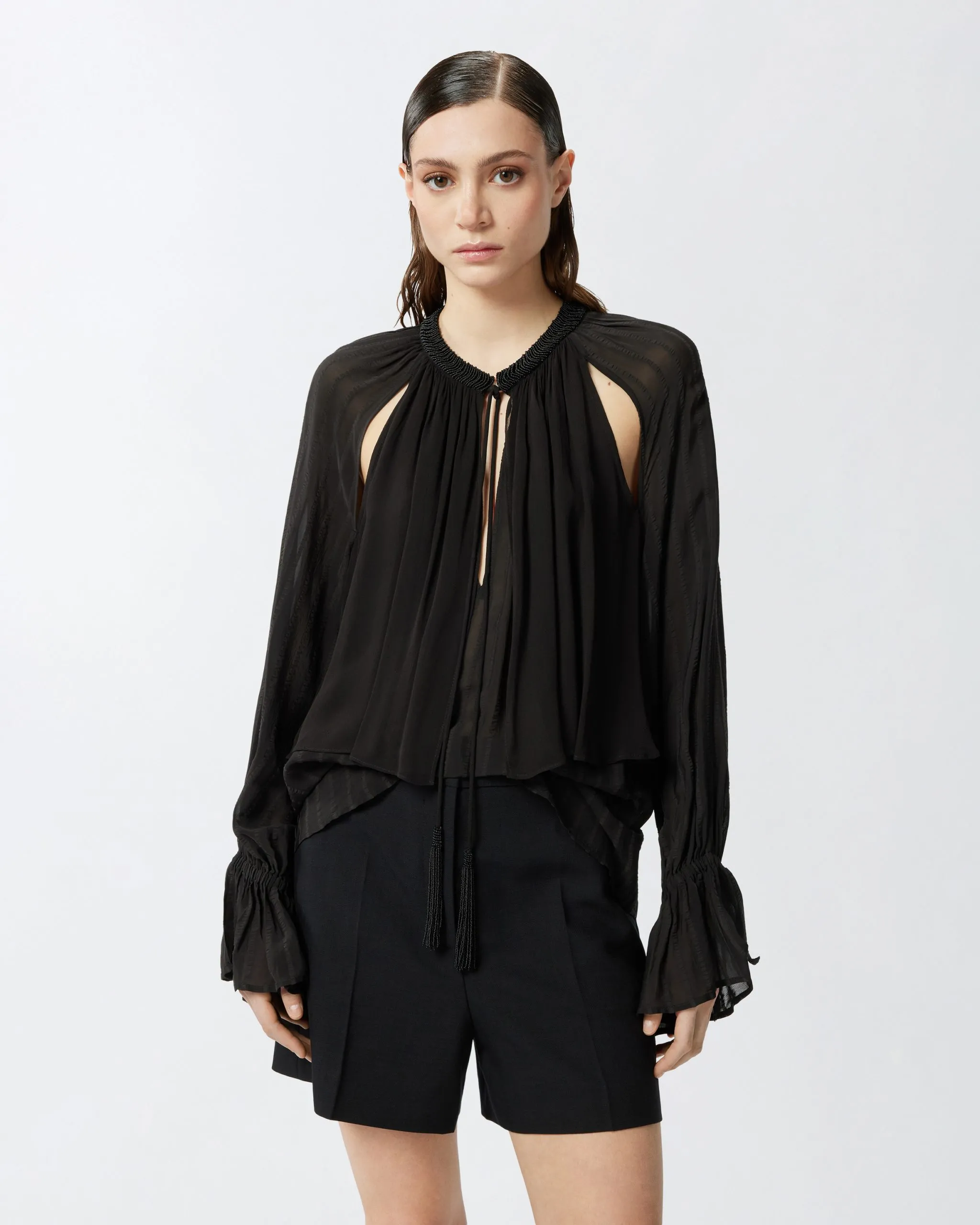 Blouse with satin stripes and beaded embroidery Noir