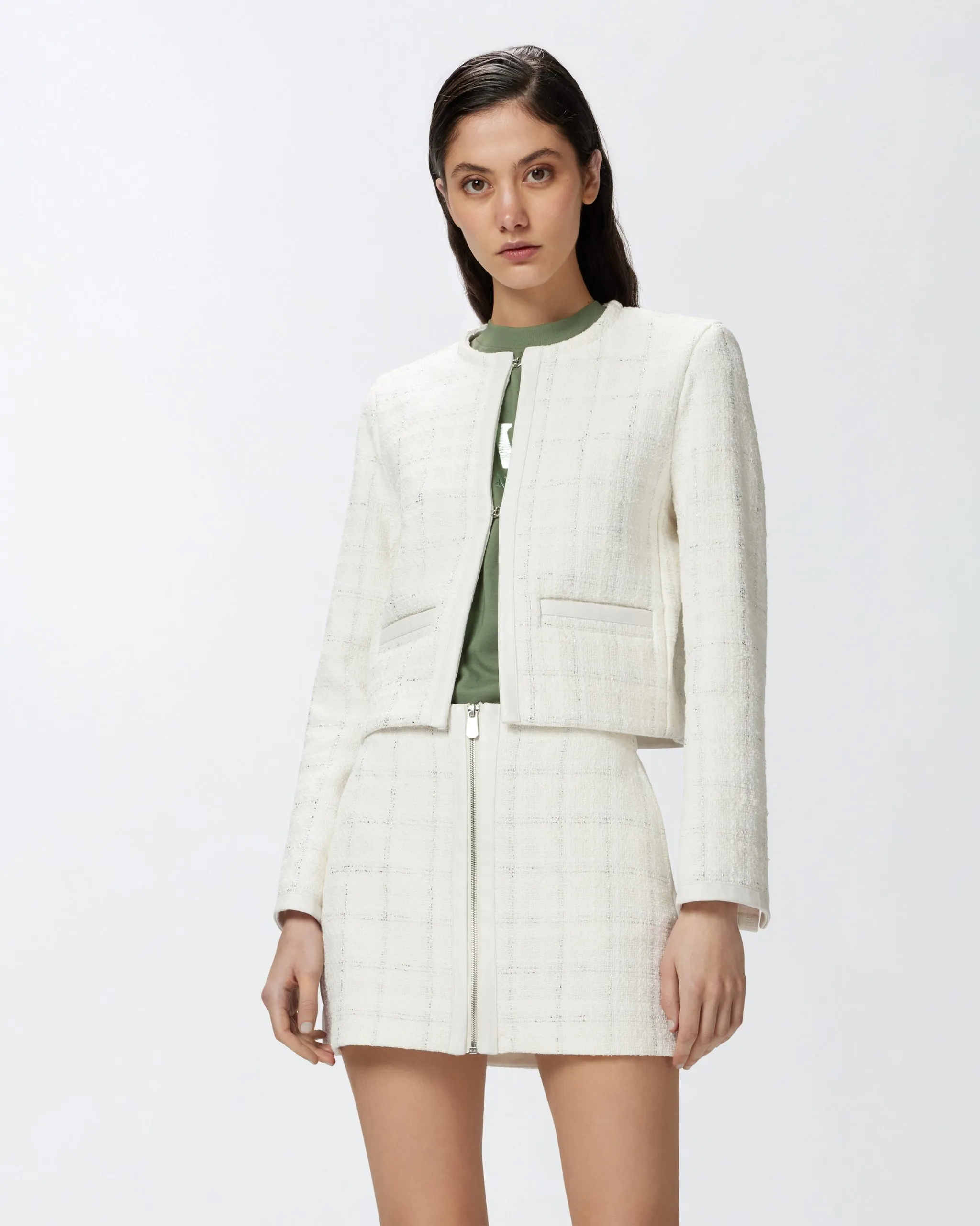 Petite veste bord à bord en tweed et similicuir Blanc