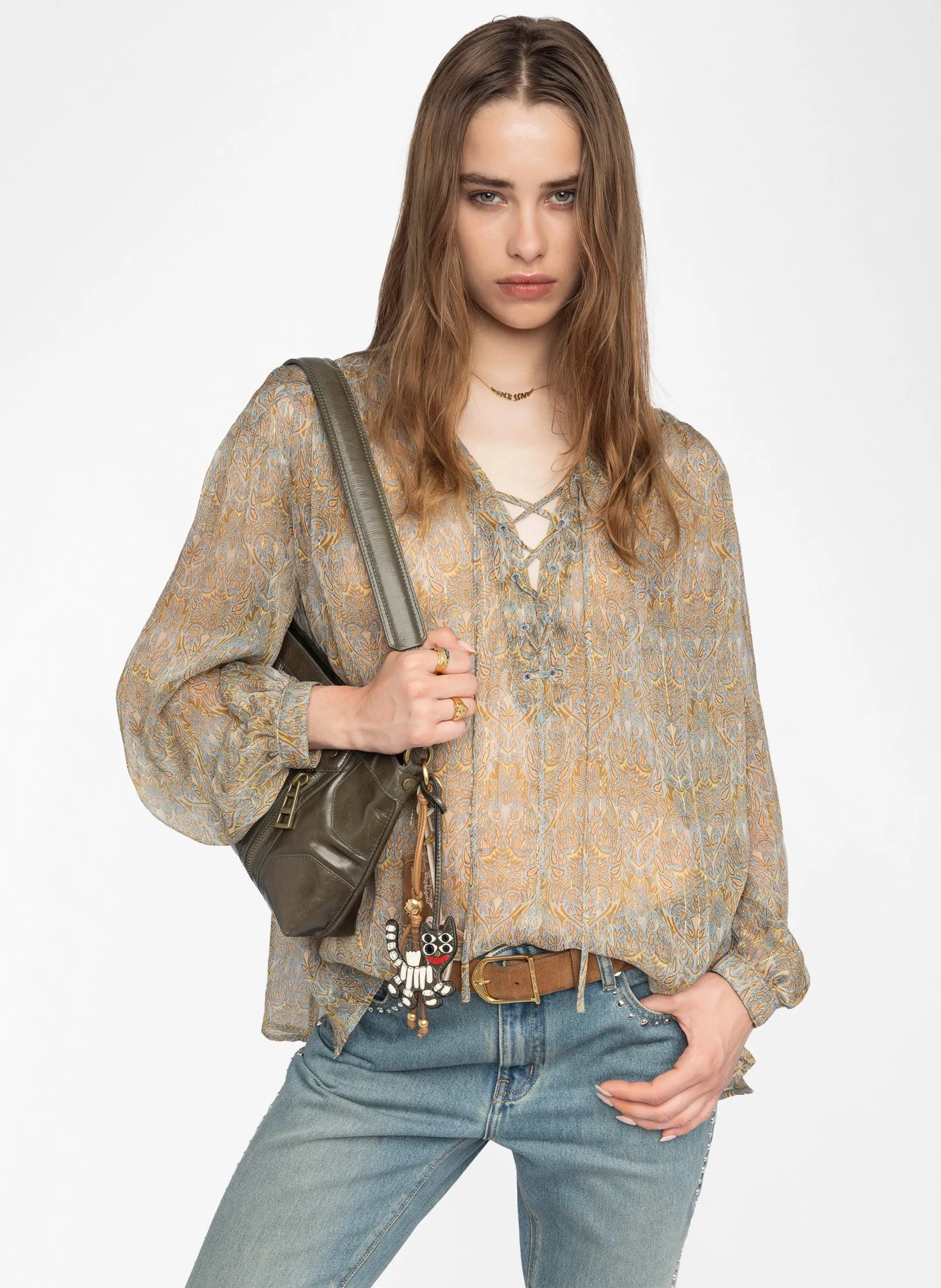 Blouse col V en coton mélangé Bleu TAMELA