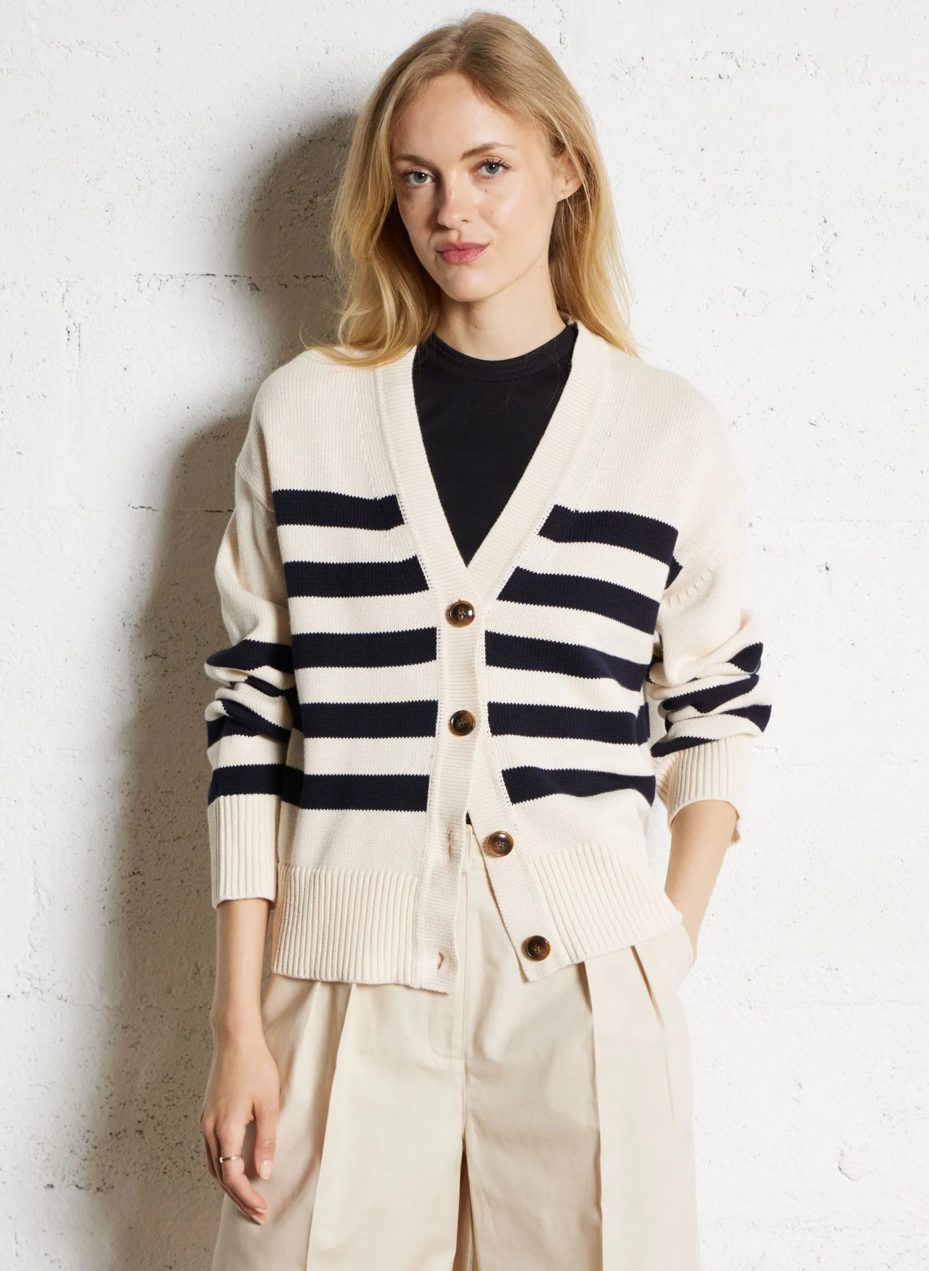 Cardigan col V à rayures en coton Multicolore LEANDRA