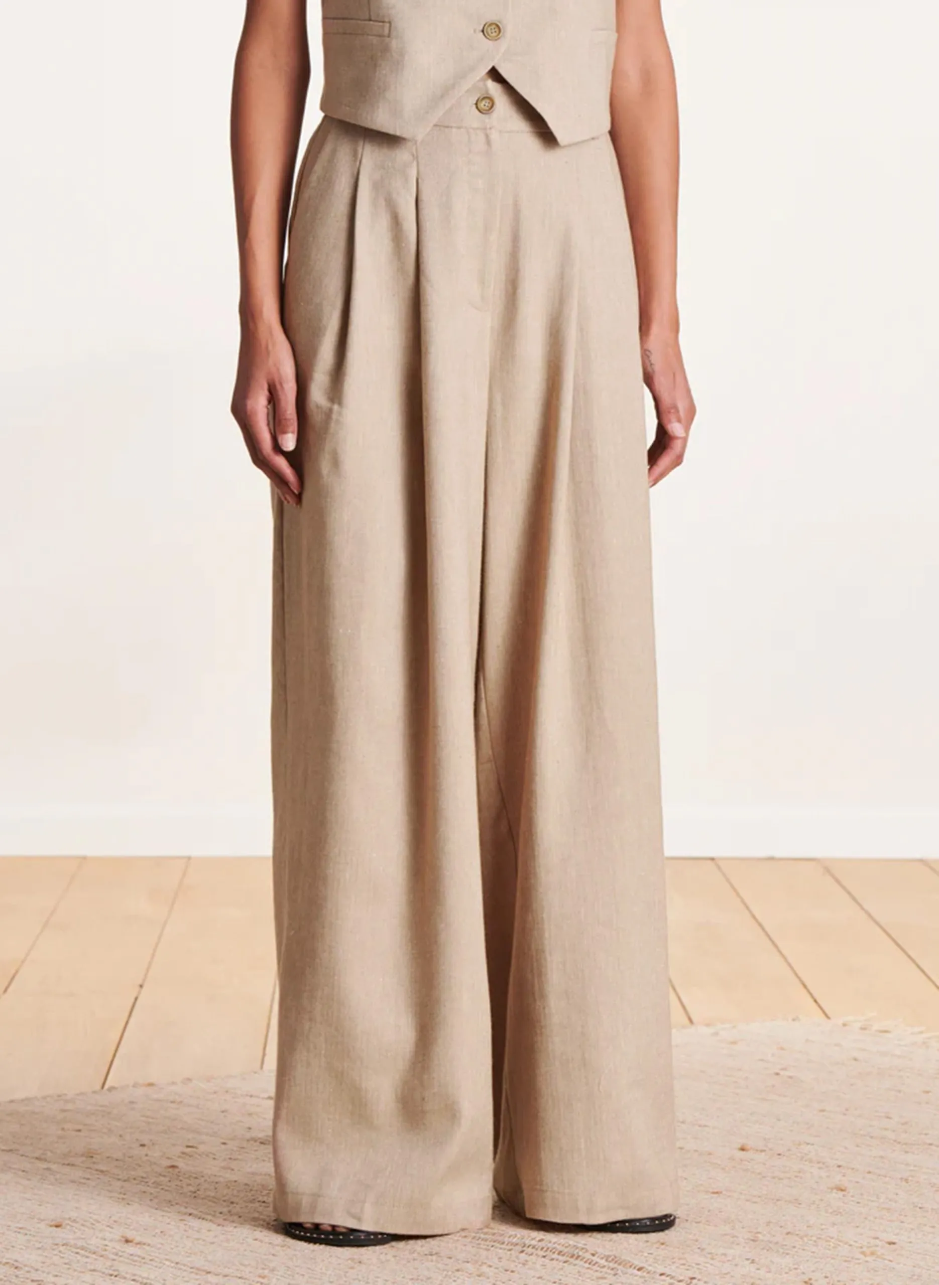 Pantalon ample chevronné en lin mélangé Beige