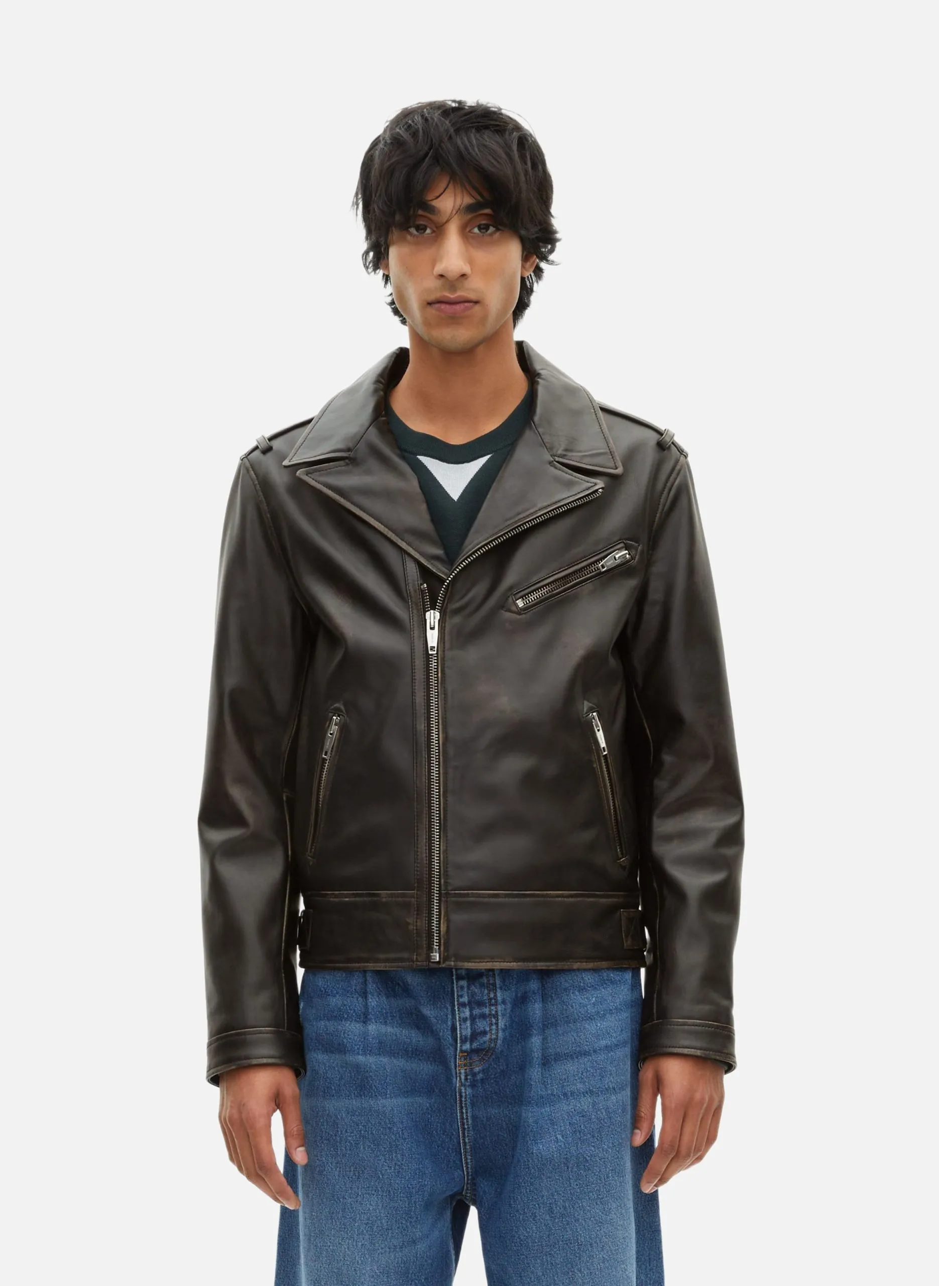Blouson style biker en cuir Noir