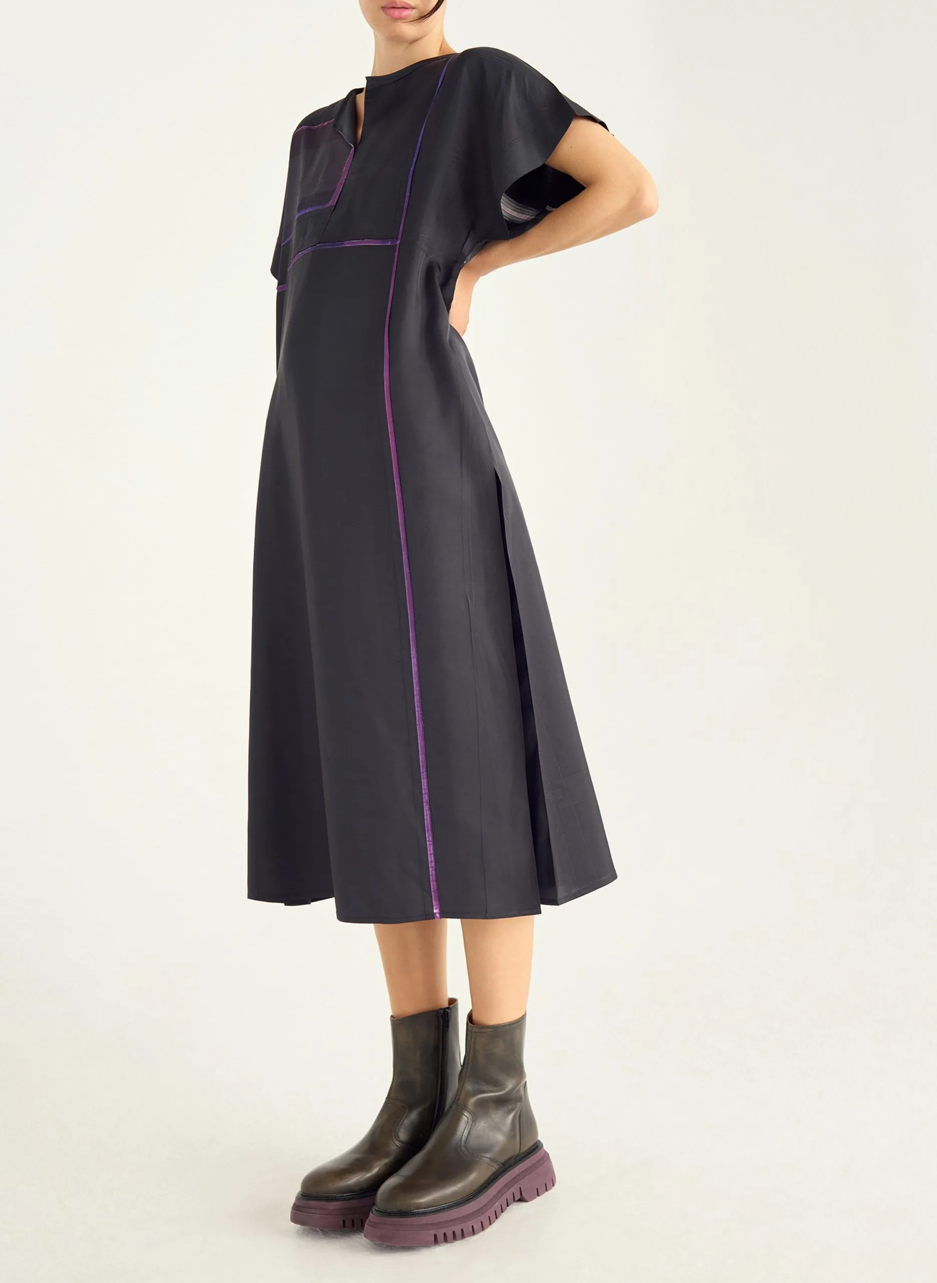 Robe midi droite à motifs carreaux Noir