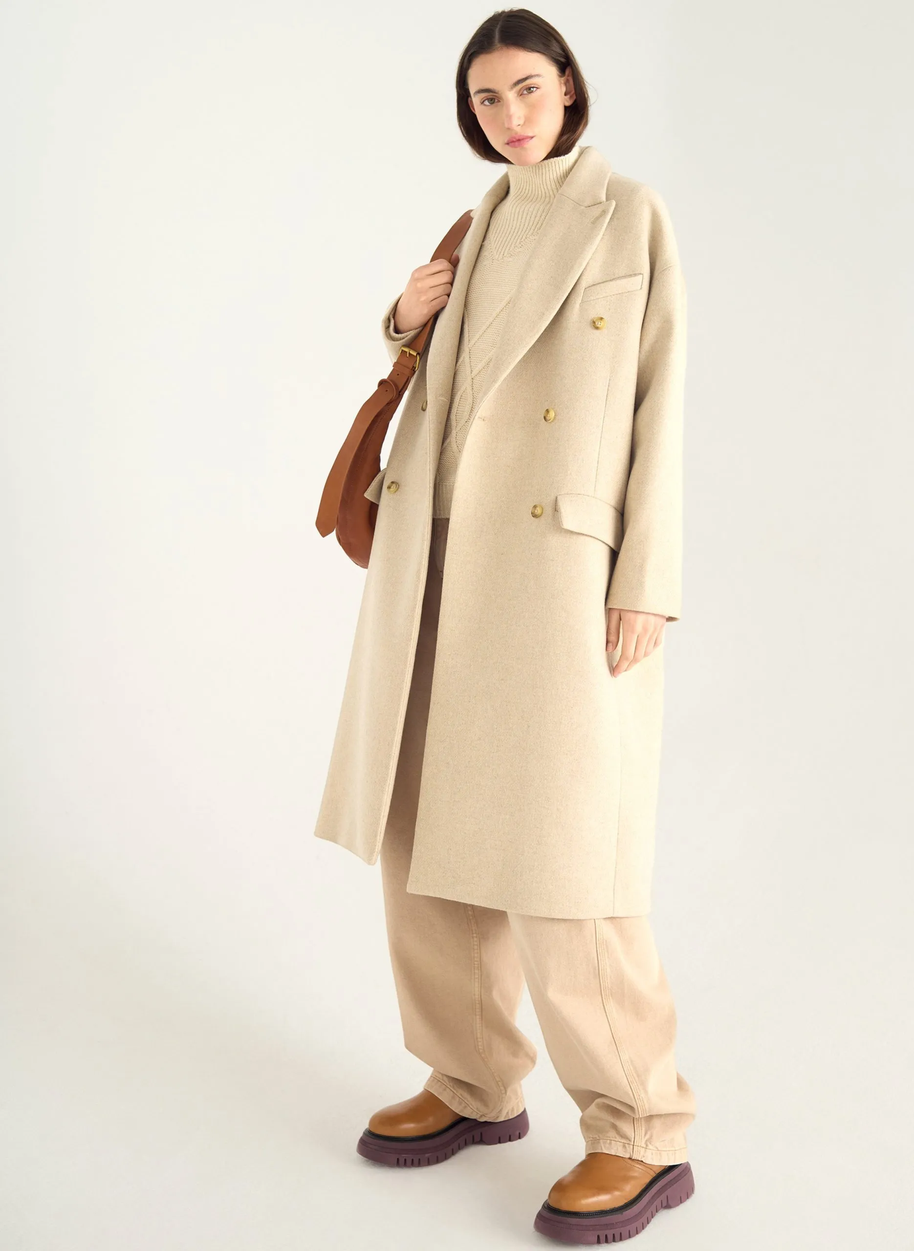 Manteau col tailleur en laine mélangée Blanc