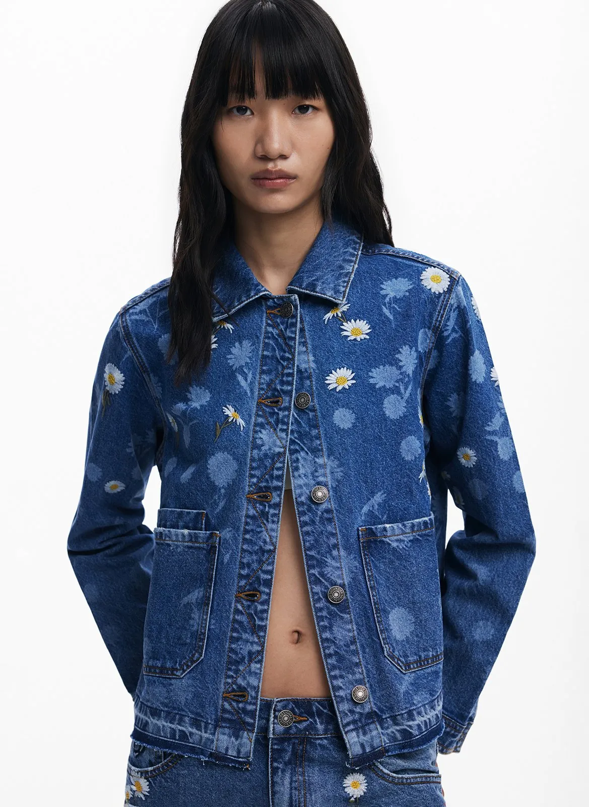 Veste col classique en denim de coton Bleu
