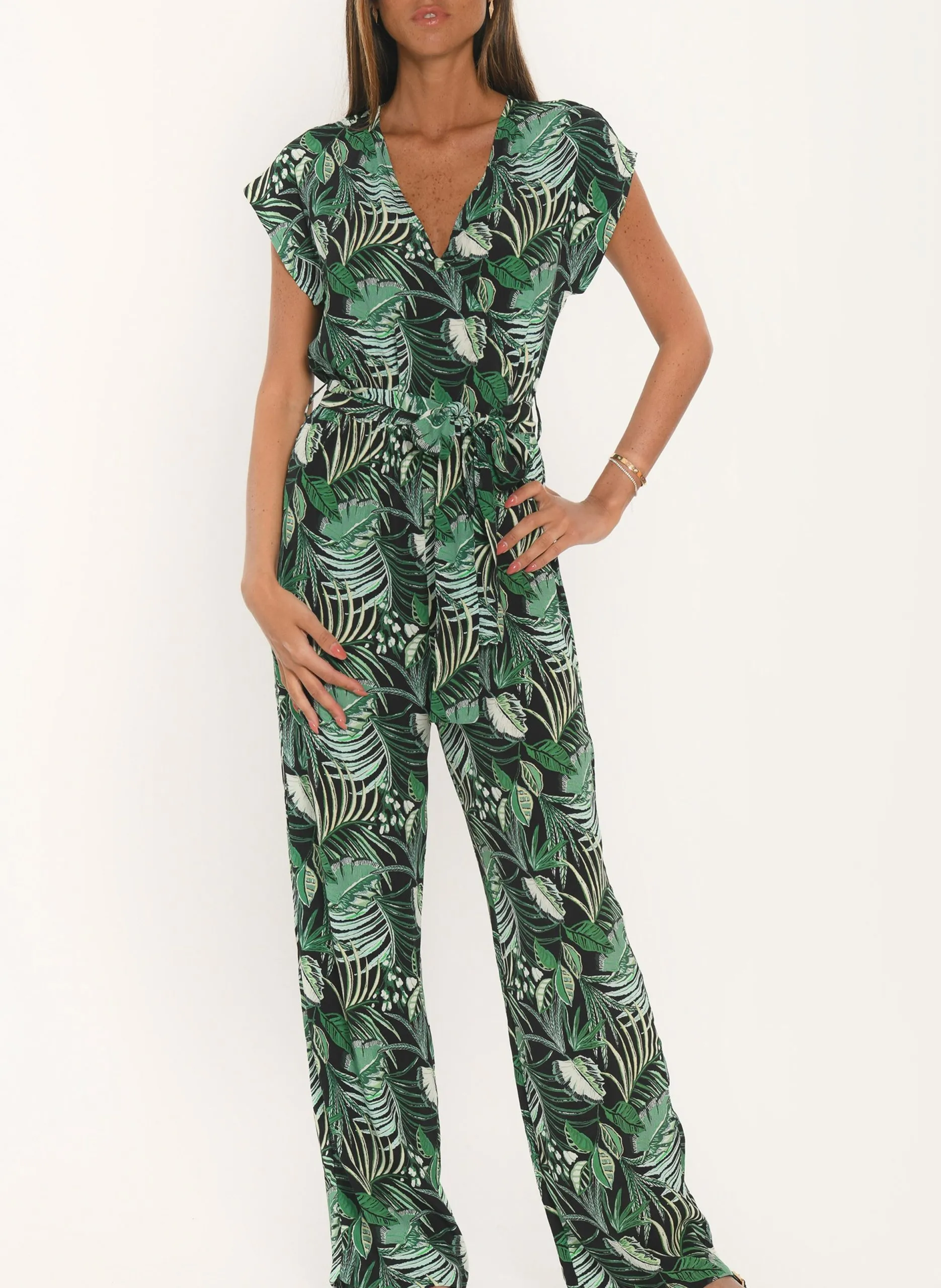 Combinaison col v à imprimé feuillage Noir ASTON