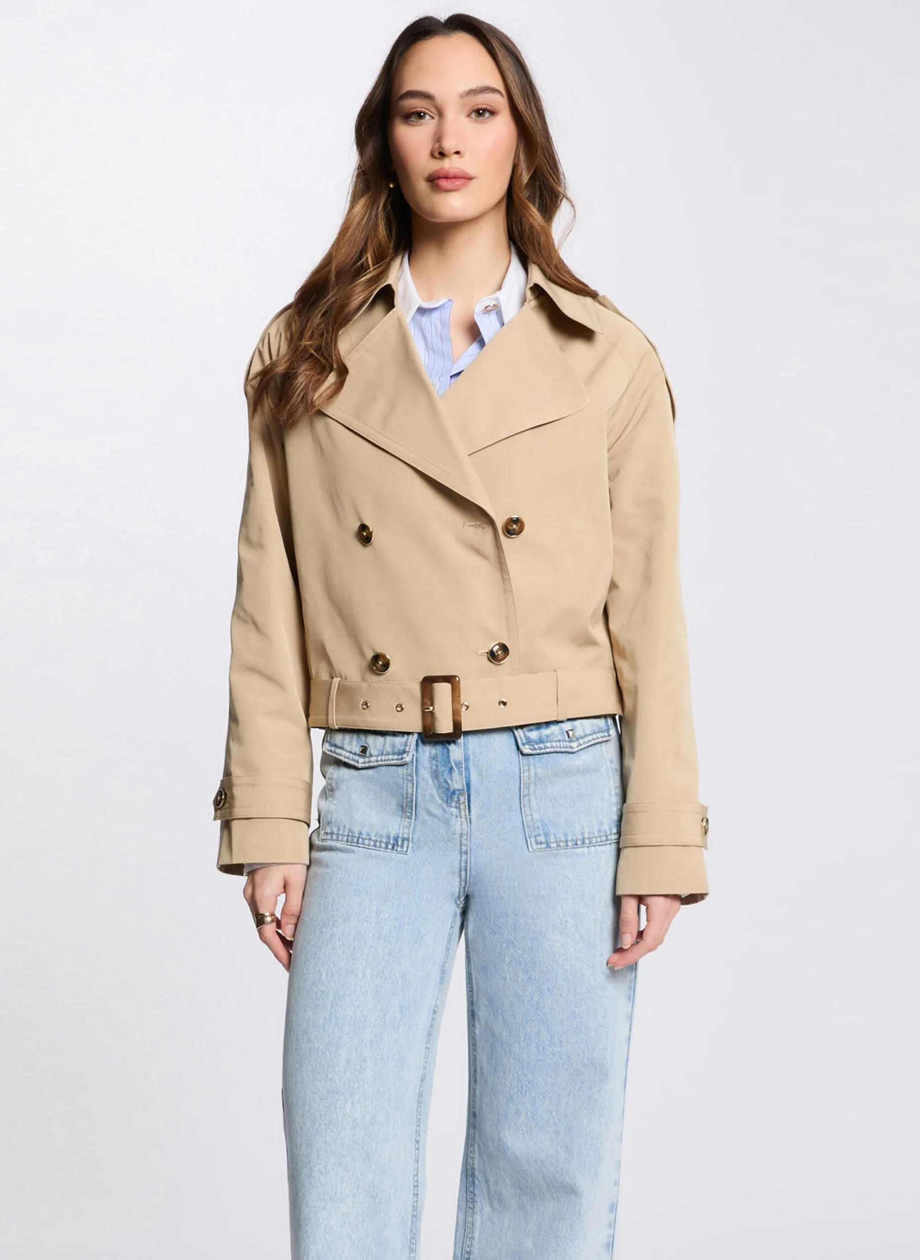 Trench court boutonné avec ceinture Beige 252-GDAM