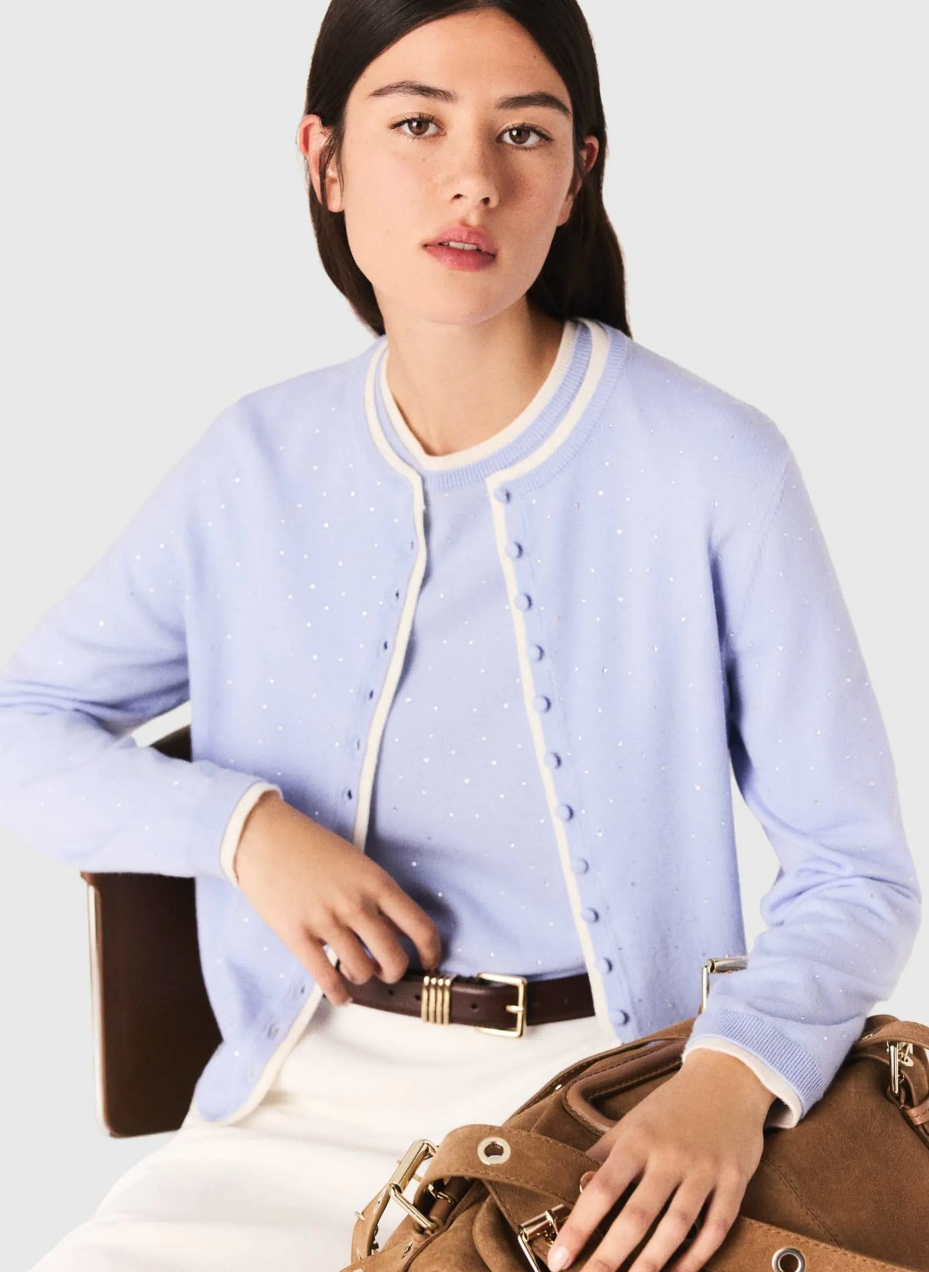 Cardigan droit en laine mélangée Bleu
