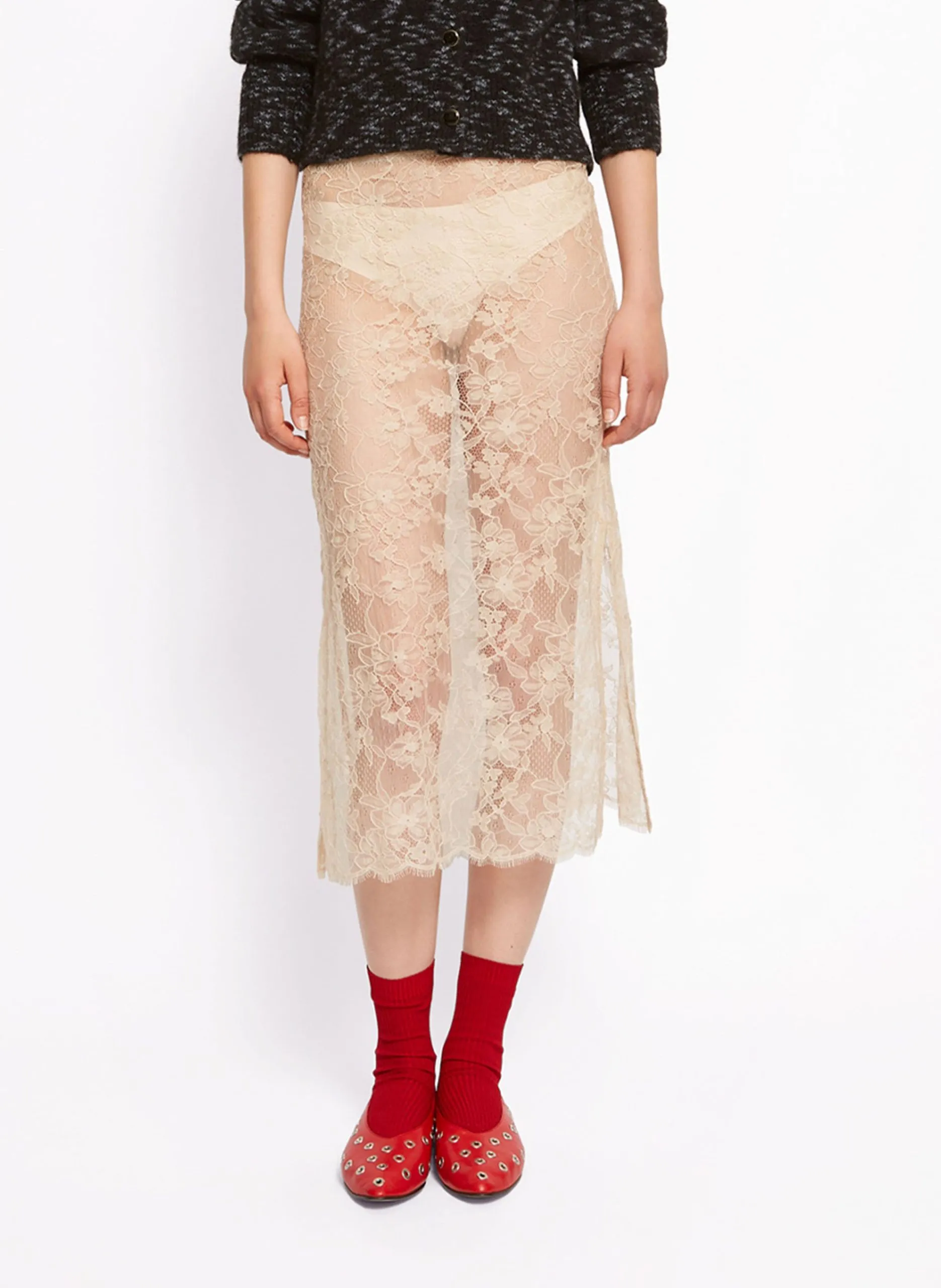 Jupe midi en dentele Beige ROSE