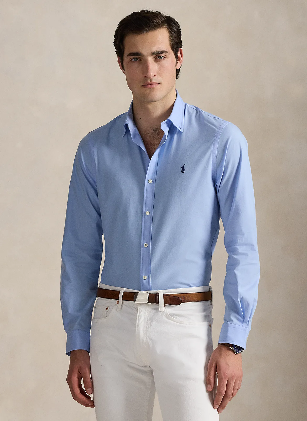 Chemise droite col américain en coton mélangé Bleu