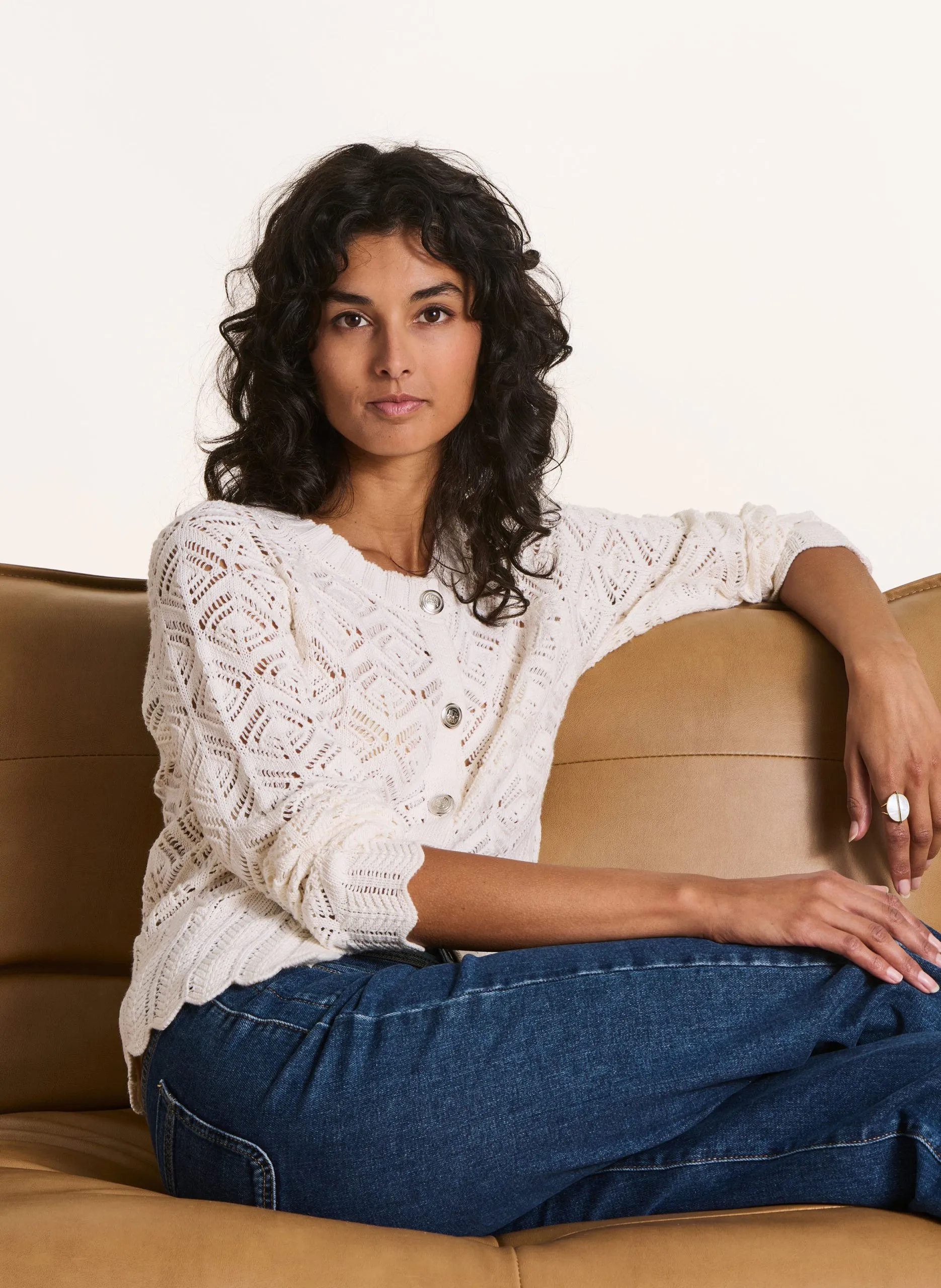 Cardigan droit en maille ajourée Blanc