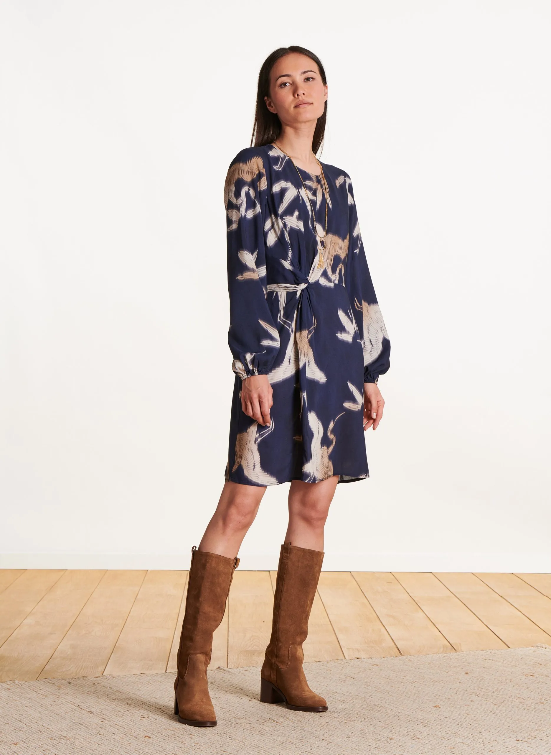 Robe col rond drapée à motifs Bleu