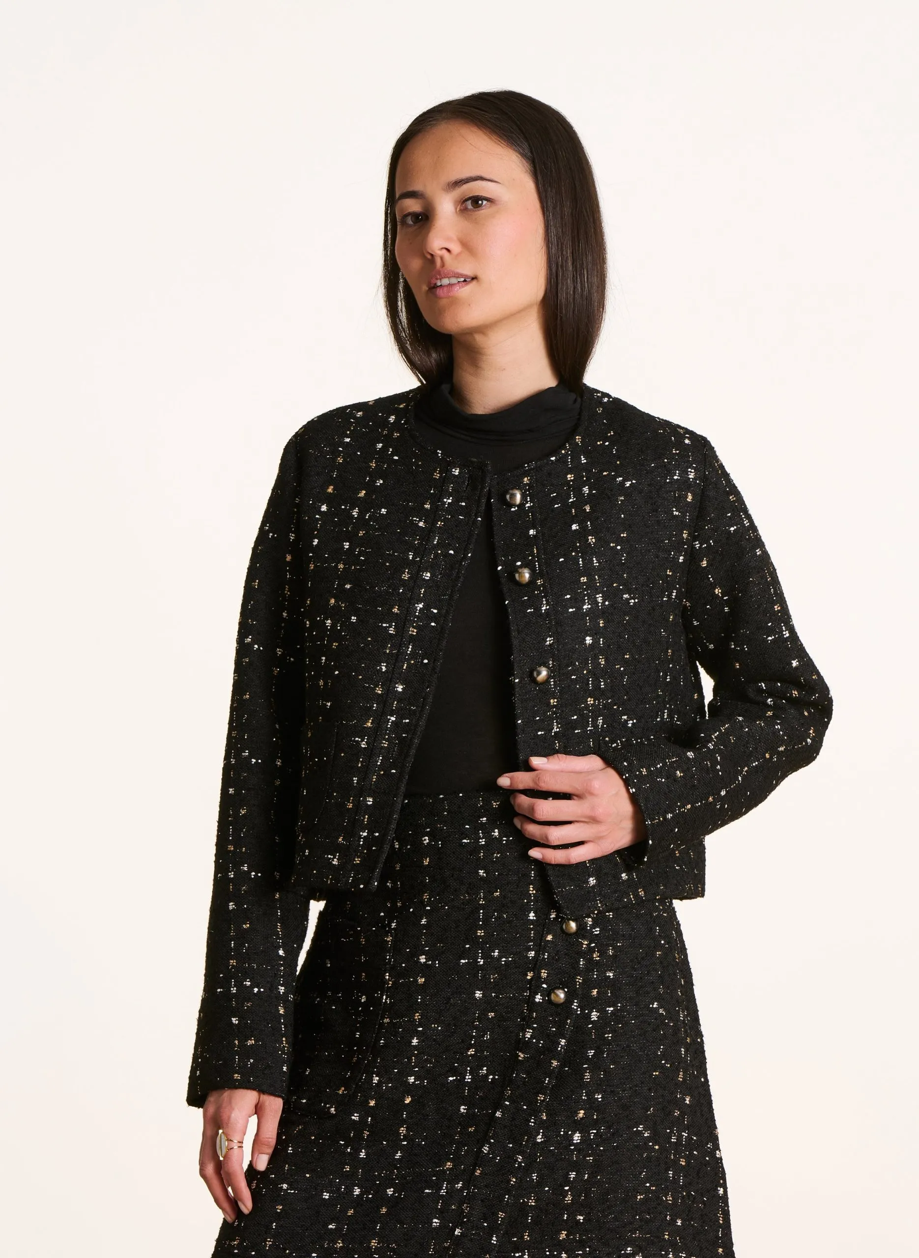 Veste courte col rond en tweed Noir