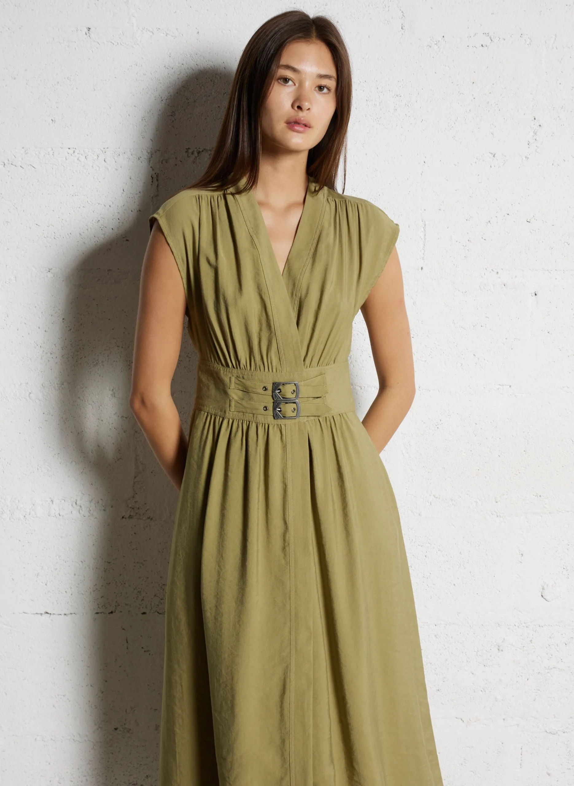 Robe midi col V Kaki DOVE