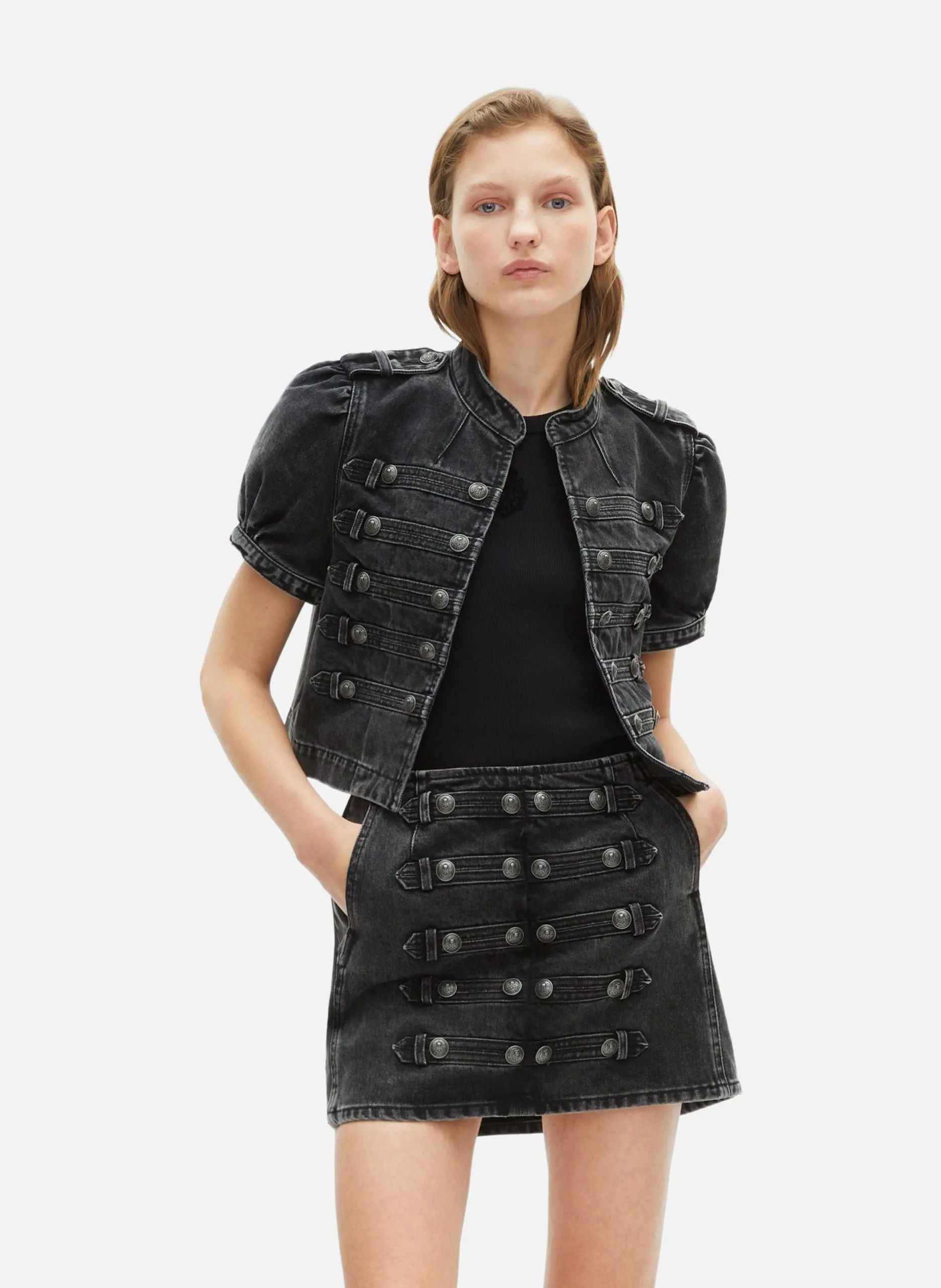 Blouson manches courtes style officier en denim Noir