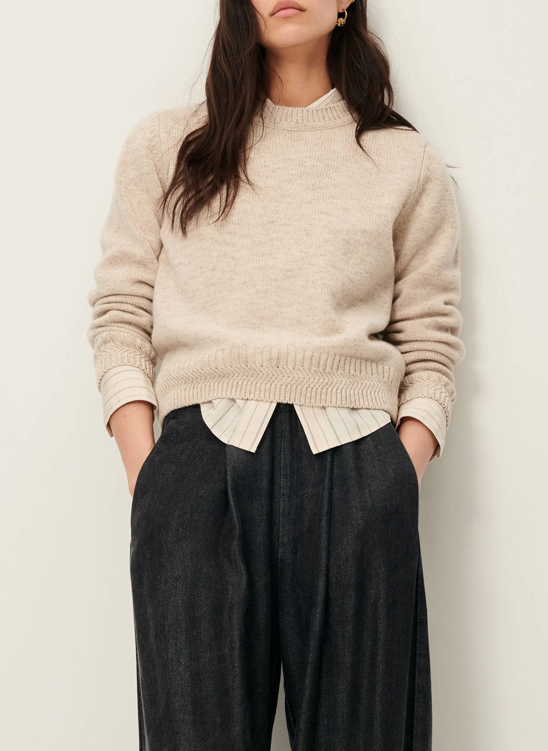 Pull droit col rond en laine mérinos Blanc SILTY