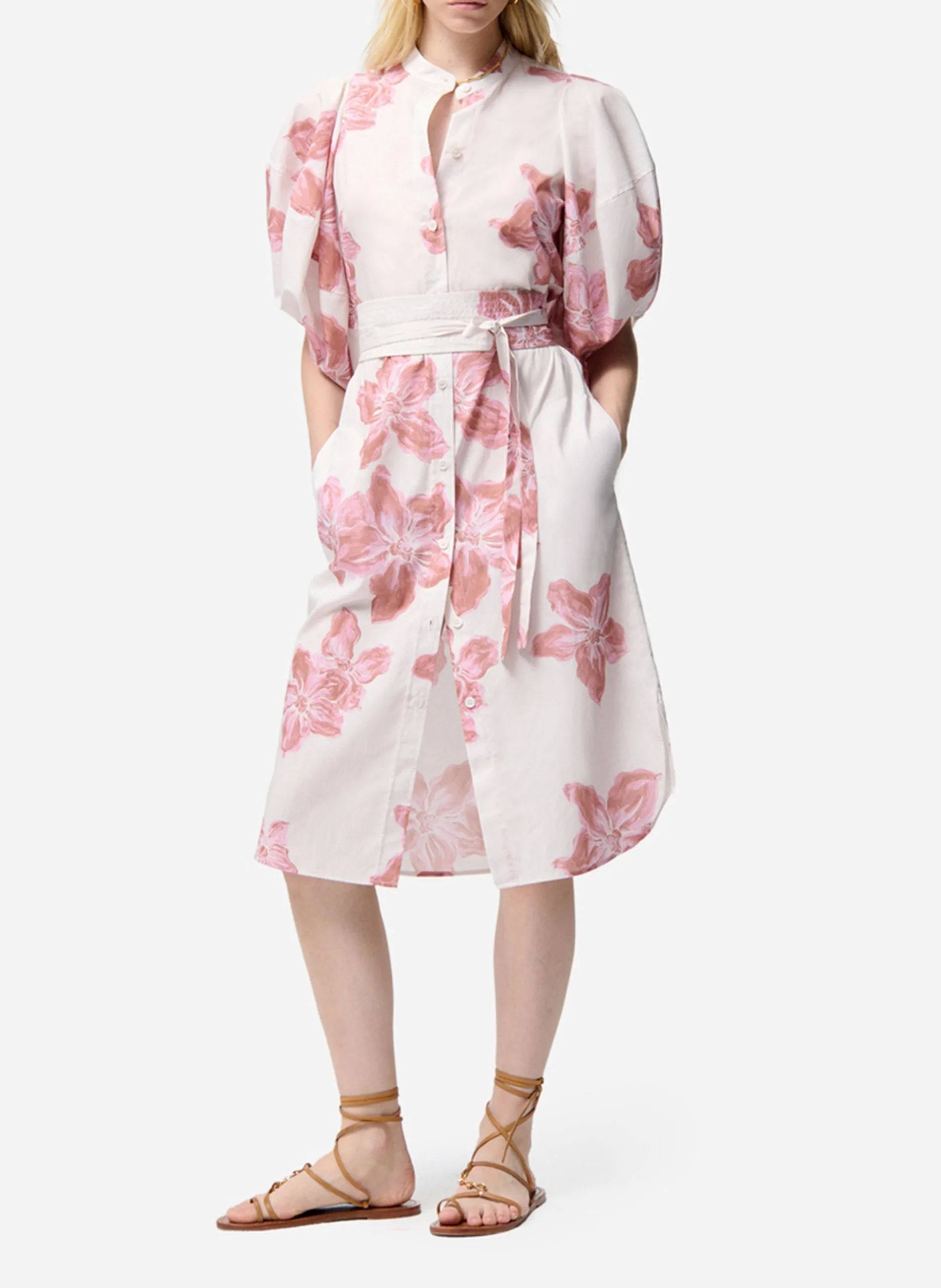 Robe midi col rond imprimée Rose FLORA