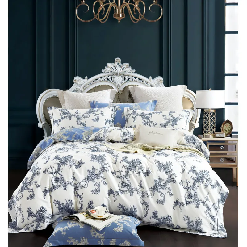 Parure de couette "imprimé double face" percale pur coton peigné 80 fils/cm² pour lit 160 à 180 king size Bleu