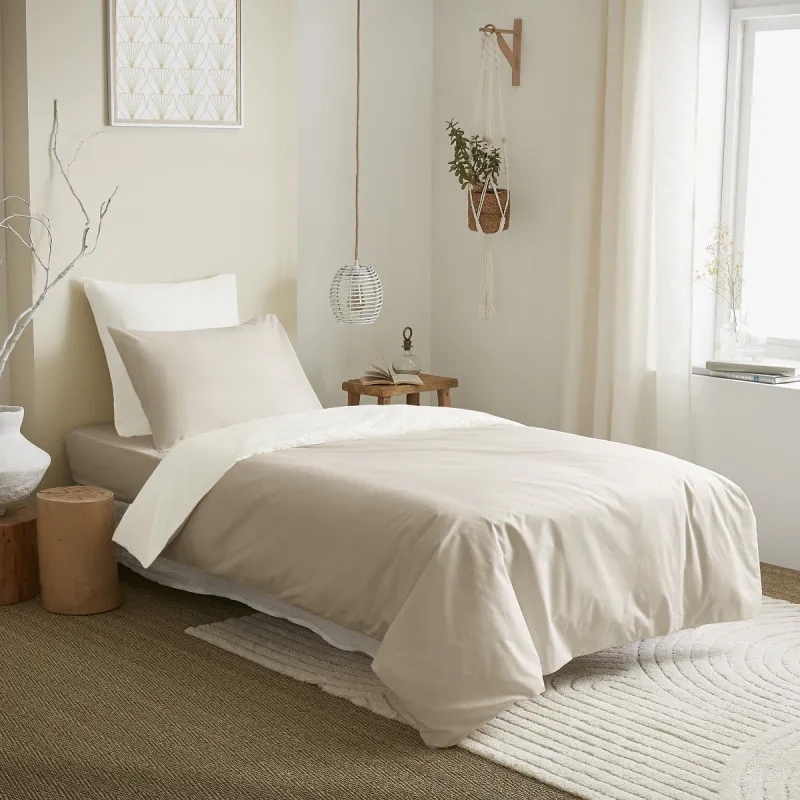 Pack complet 4 pièces lin/blanc réversible housse de couette pour lit 90 x 190 cm Blanc